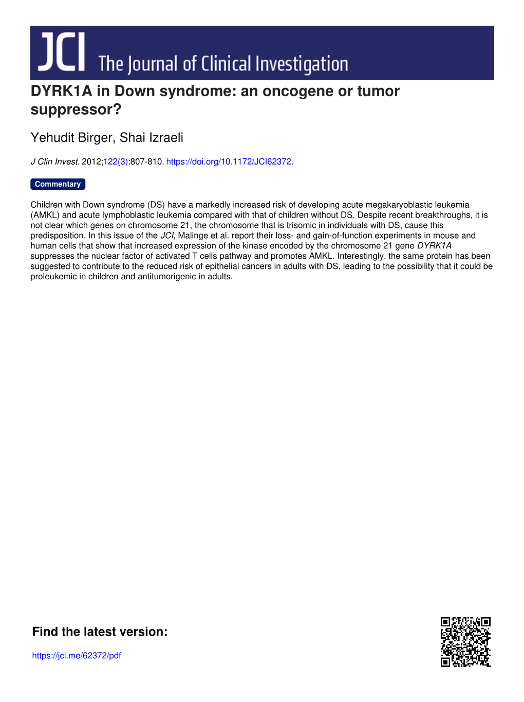 DYRK1A in Down Syndrome: an Oncogene Or Tumor Suppressor?