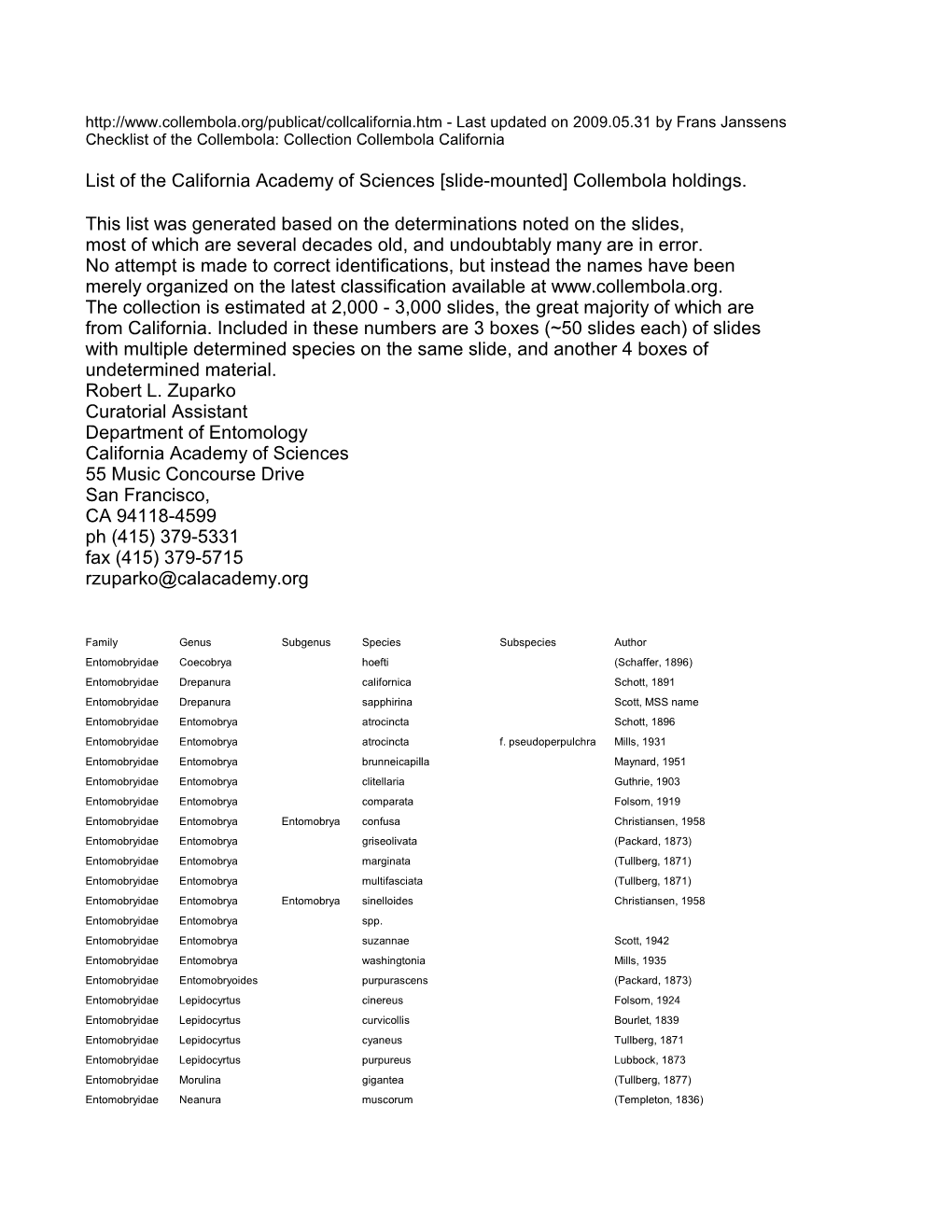 List of the California Academy of Sciences [Slide-Mounted] Collembola Holdings