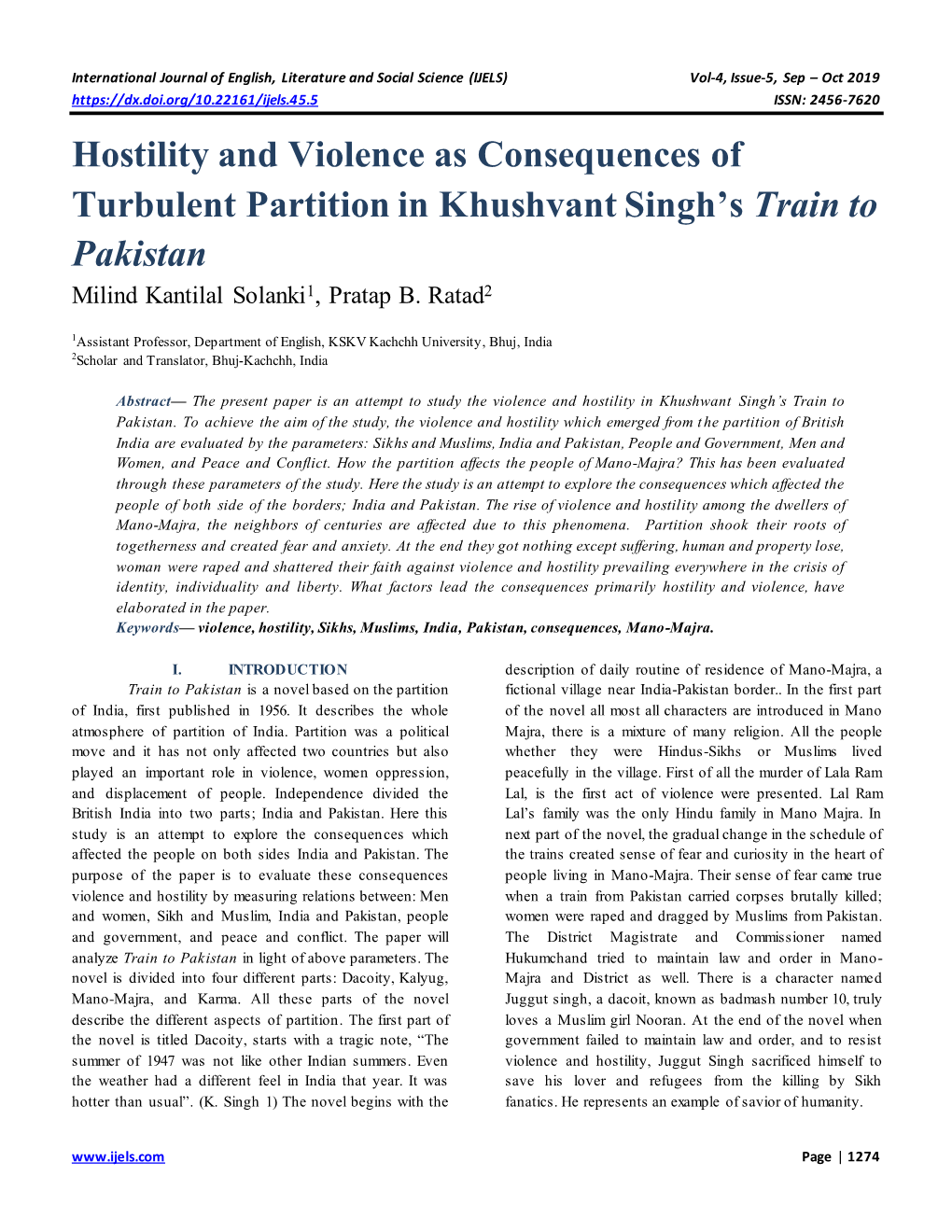 Hostility and Violence As Consequences of Turbulent Partition in Khushvant Singh’S Train to Pakistan Milind Kantilal Solanki1, Pratap B