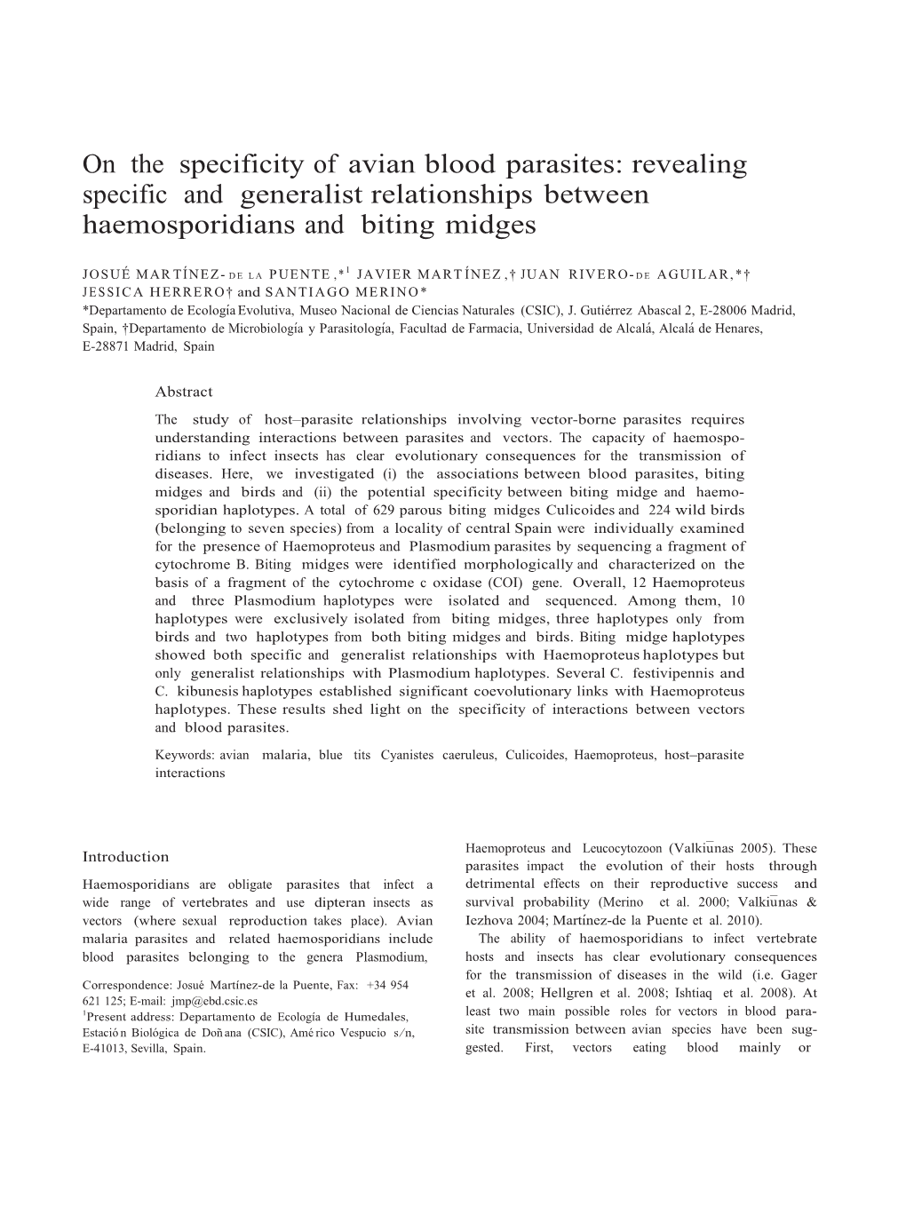 On the Specificity of Avian Blood Parasites: Revealing Specific and Generalist Relationships Between Haemosporidians and Biting Midges