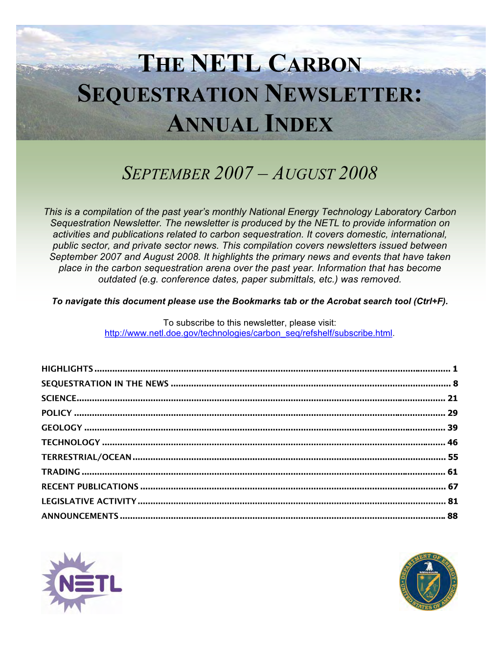 The Netl Carbon Sequestration Newsletter: Annual Index