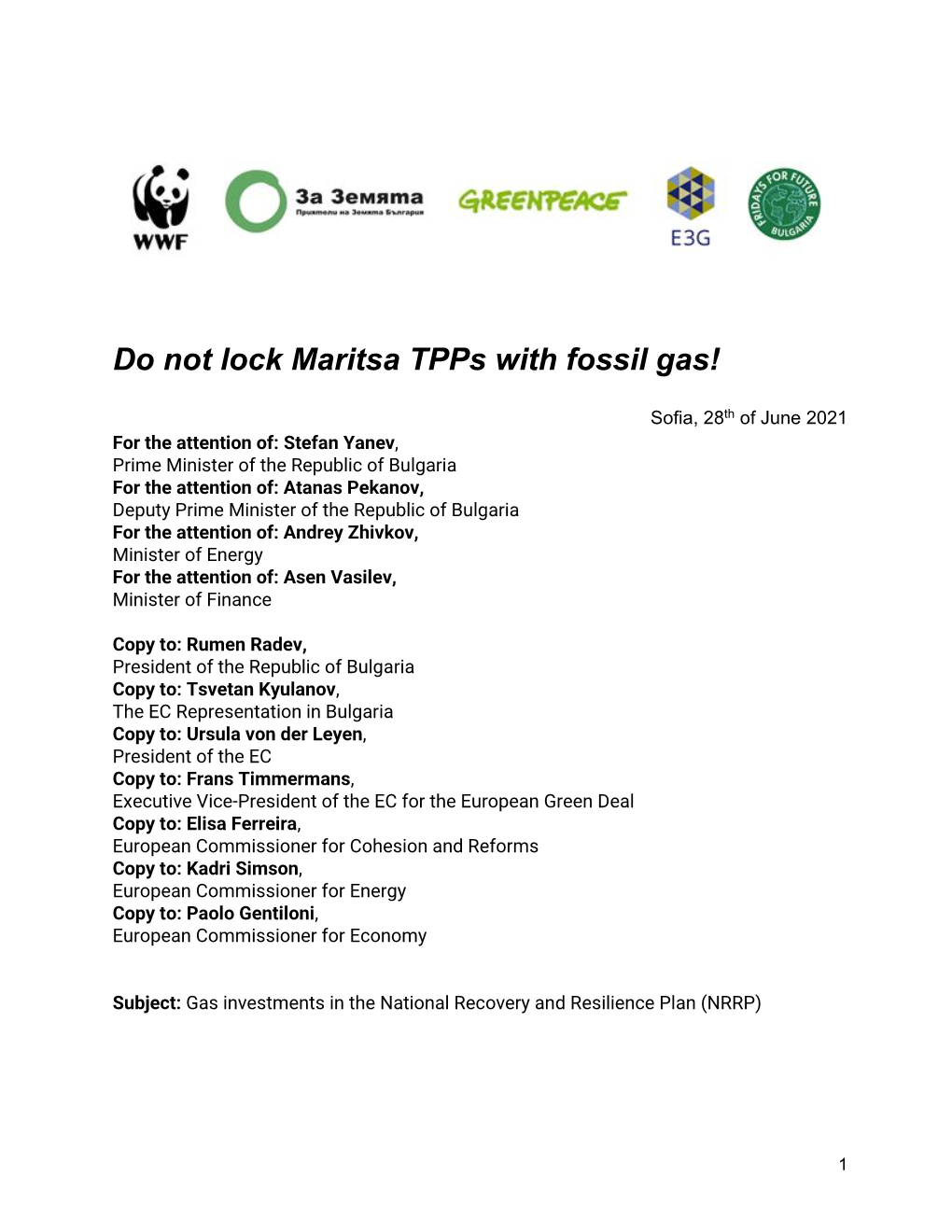 Do Not Lock Maritsa Tpps with Fossil Gas!