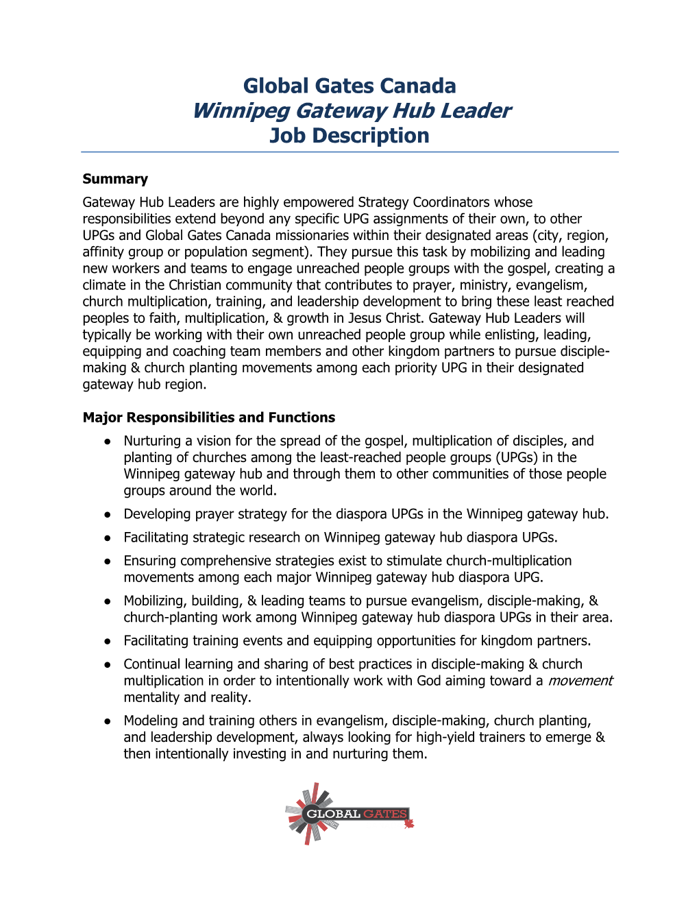 Winnipeg Gateway Hub Leader Job Description