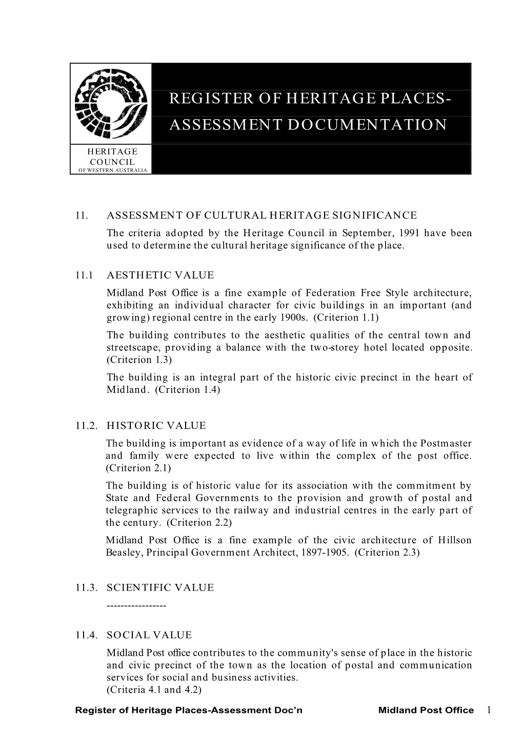 Register of Heritage Places- Assessment Documentation
