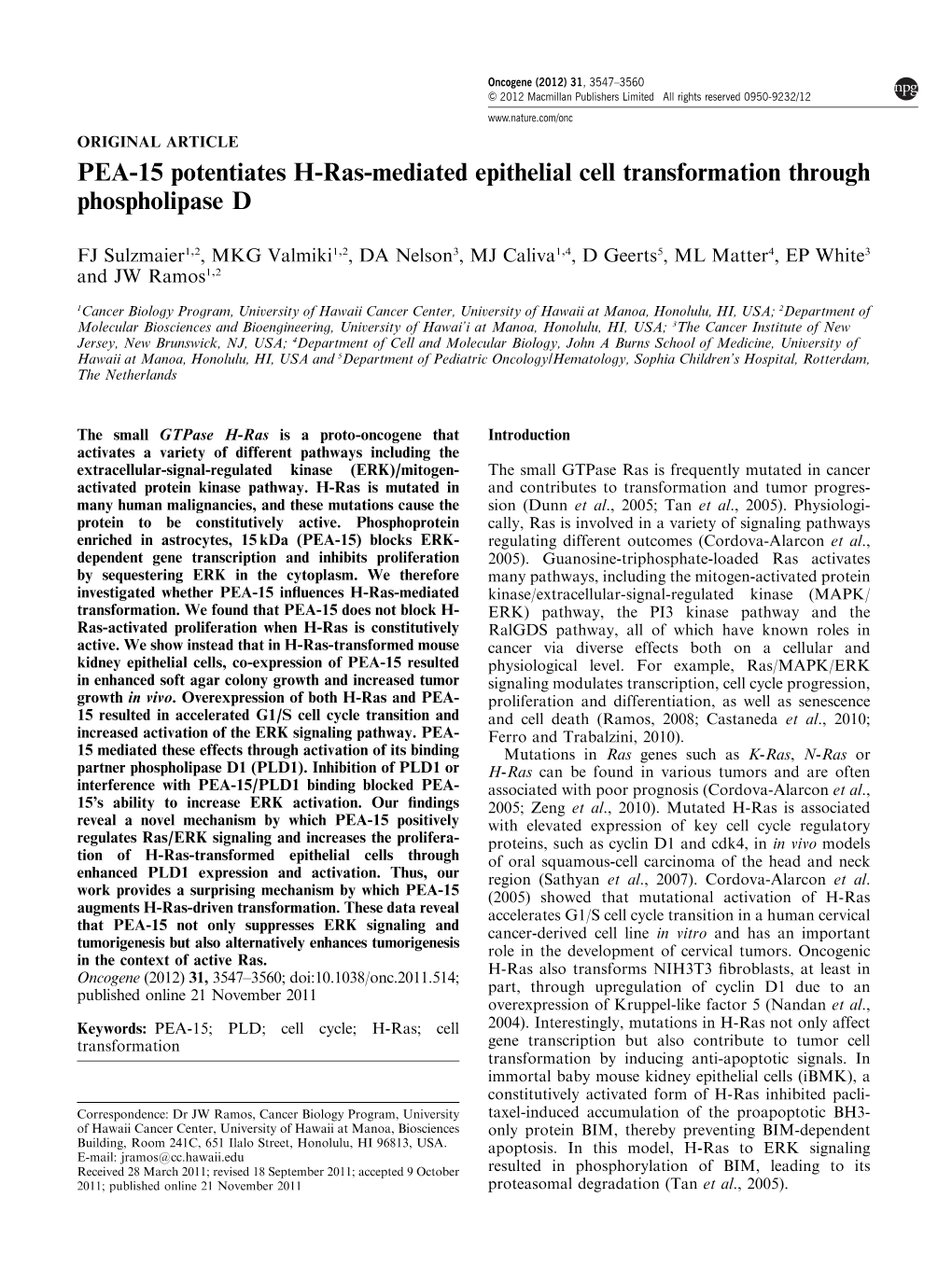 PEA-15 Potentiates H-Ras-Mediated Epithelial Cell Transformation Through Phospholipase D
