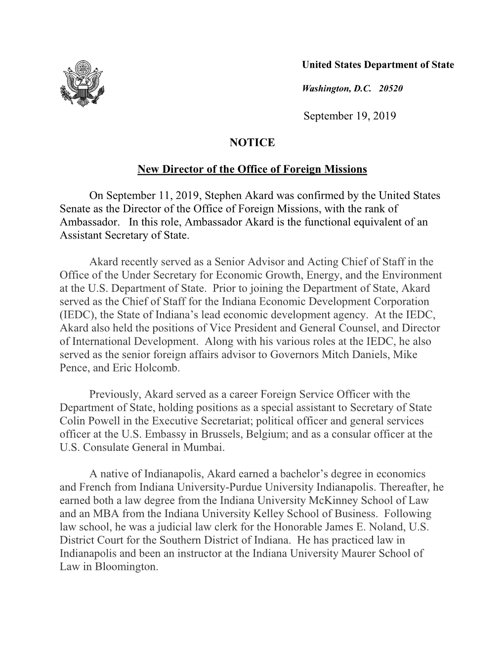 September 19, 2019 NOTICE New Director of the Office of Foreign