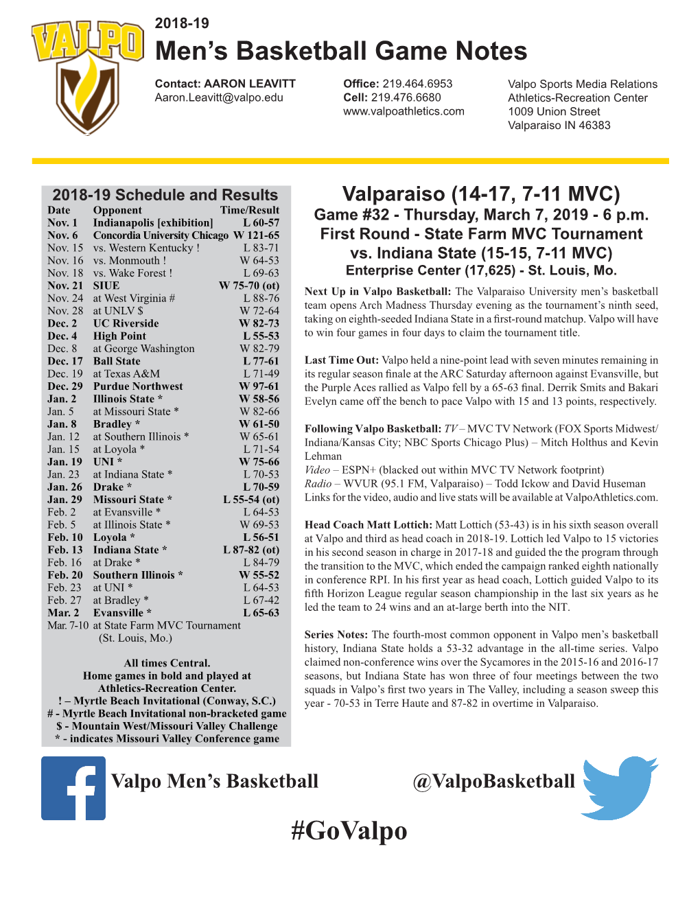 Govalpo 2018-19 Men’S Basketball Game Notes