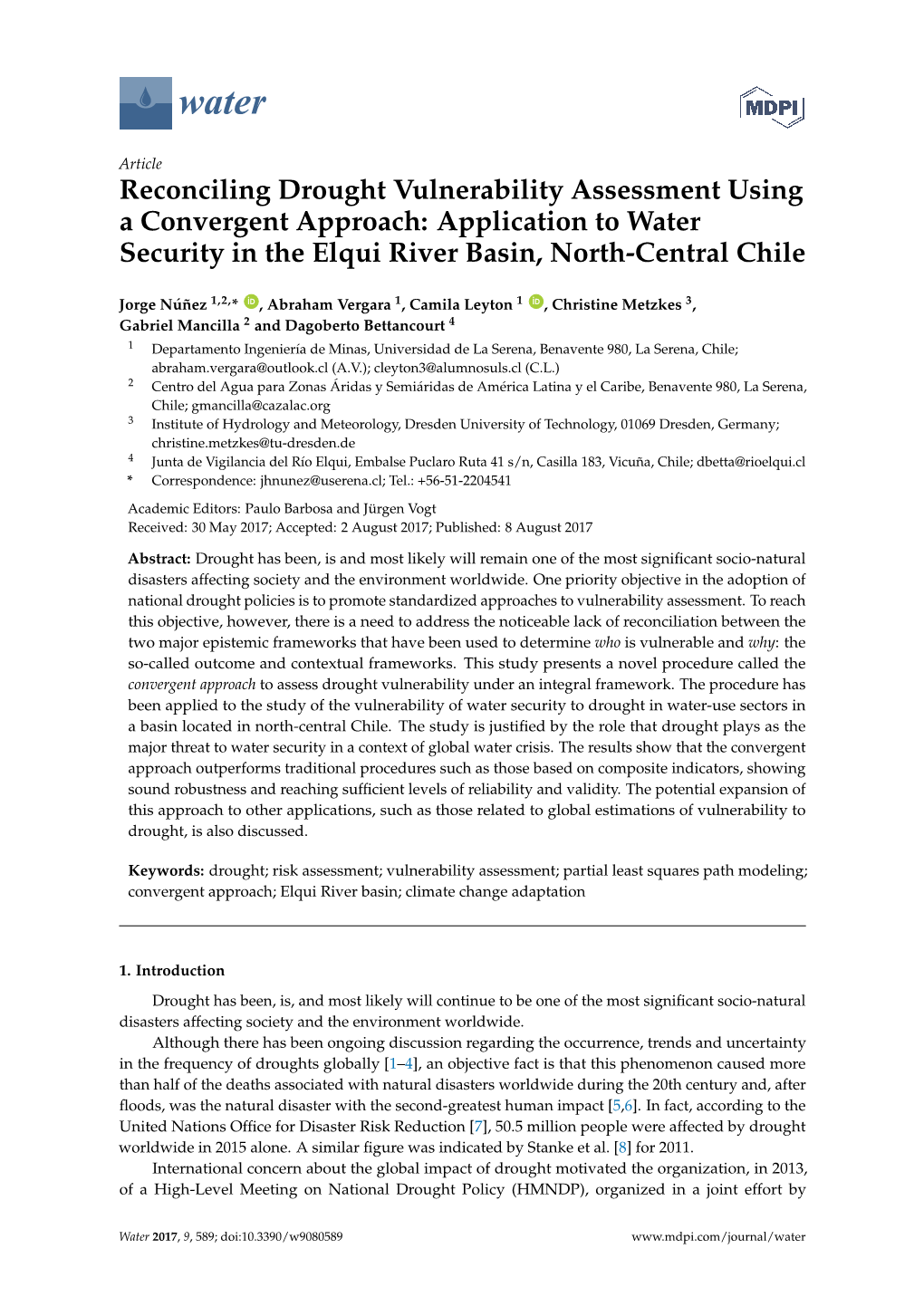 Reconciling Drought Vulnerability Assessment Using a Convergent Approach: Application to Water Security in the Elqui River Basin, North-Central Chile