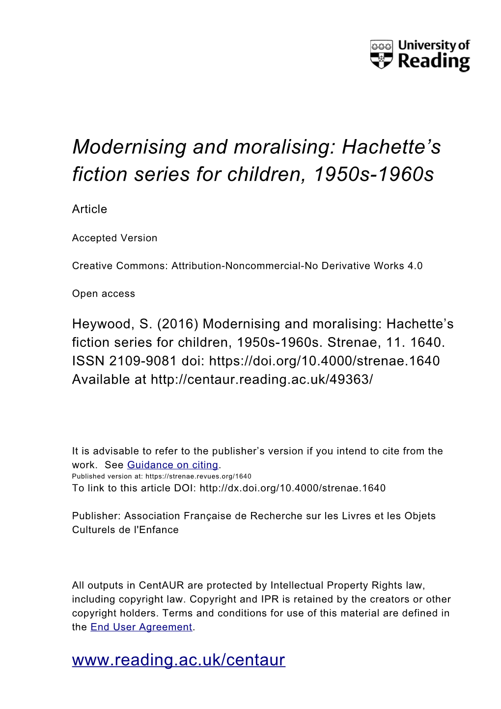 Modernising and Moralising: Hachette's Fiction Series for Children