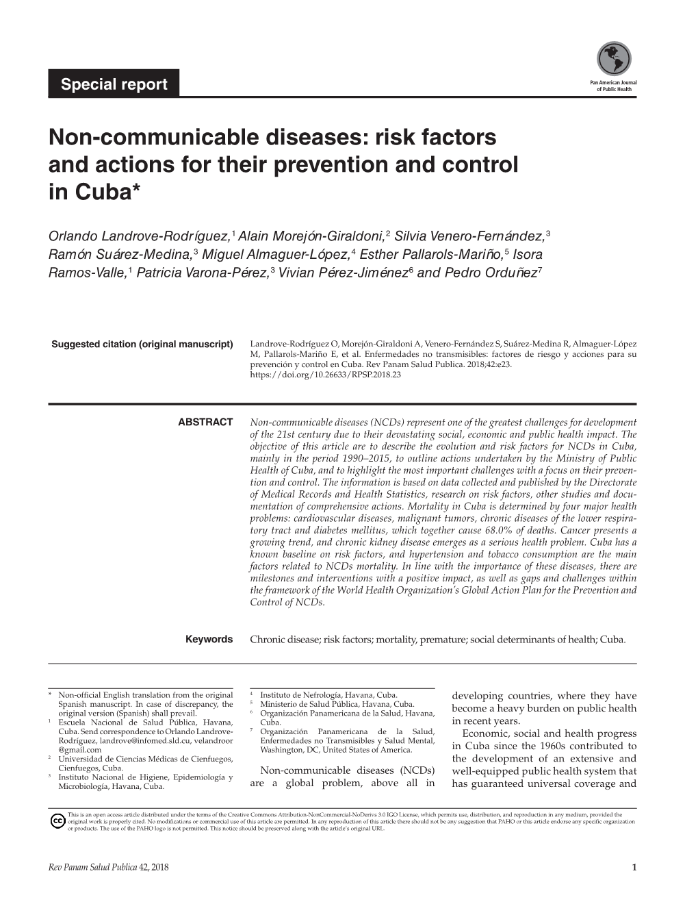 Non-Communicable Diseases: Risk Factors and Actions for Their Prevention and Control in Cuba*
