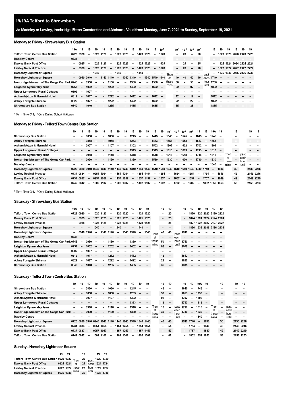 19/19A Telford to Shrewsbury Via Madeley Or Lawley, Ironbridge, Eaton Constantine and Atcham - Valid from Monday, June 7, 2021 to Sunday, September 19, 2021