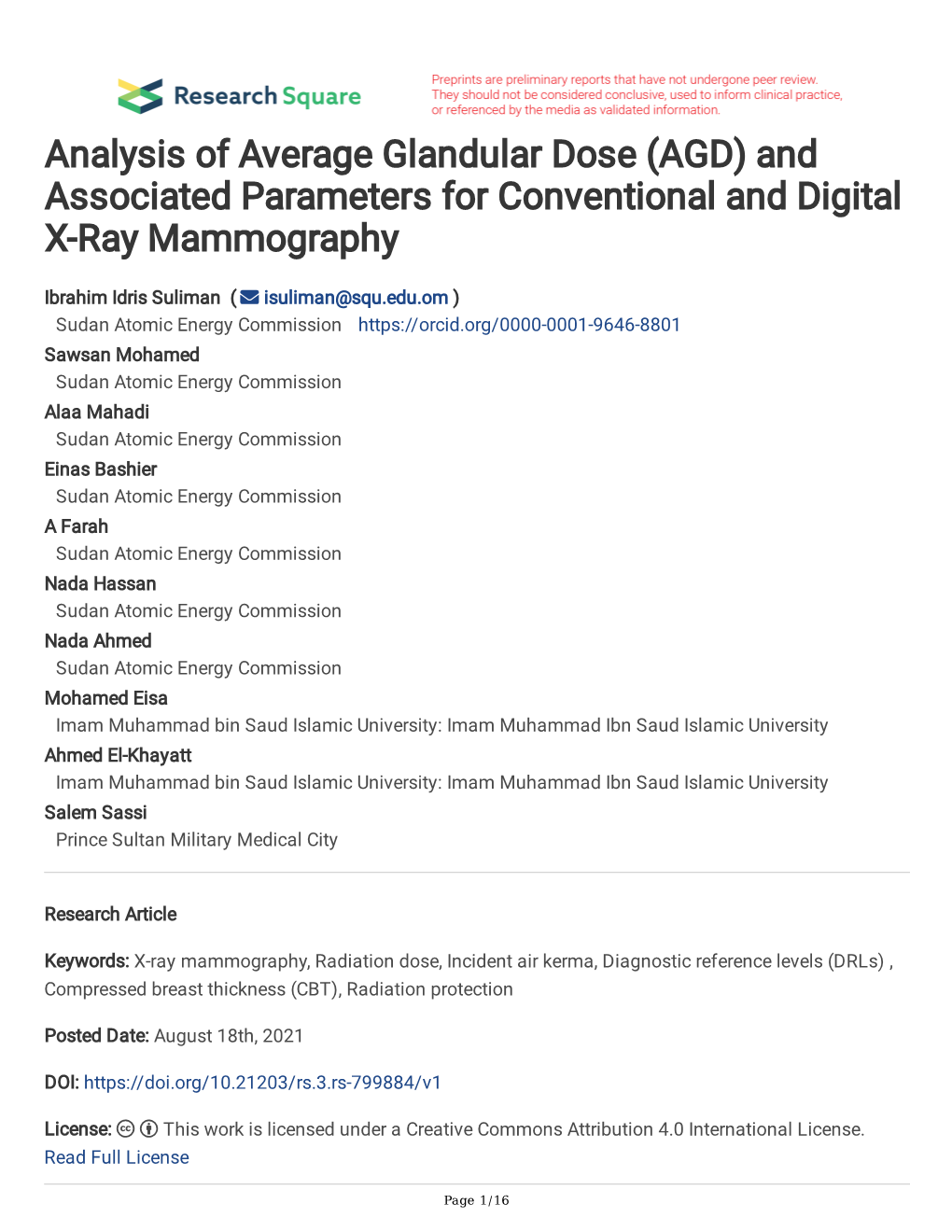 Analysis of Average Glandular Dose (AGD) and Associated Parameters for Conventional and Digital X-Ray Mammography