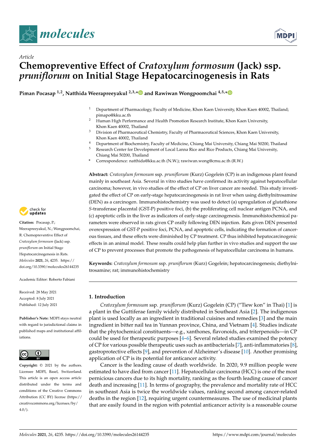 (Jack) Ssp. Pruniflorum on Initial Stage Hepatocarcinogenesis in Rats