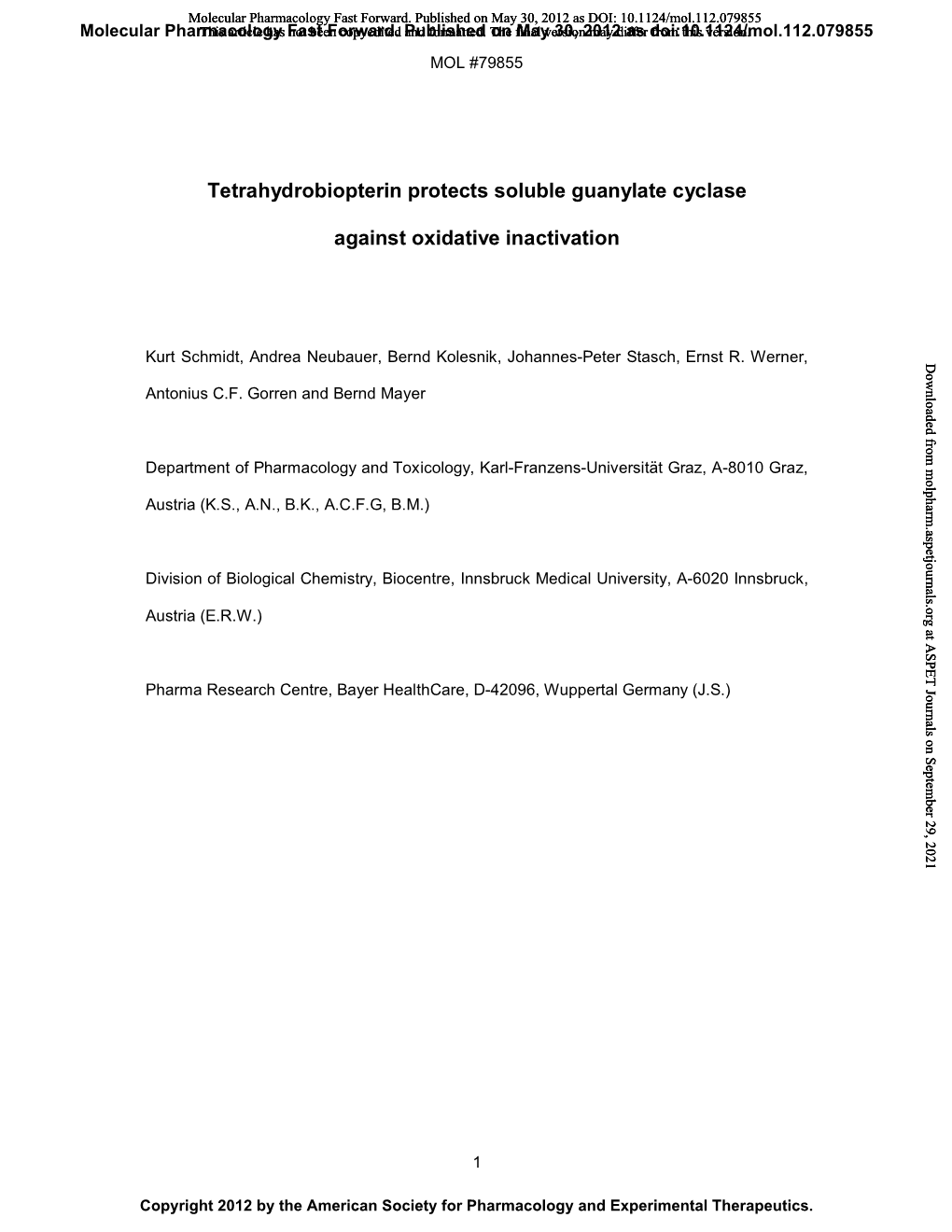 Tetrahydrobiopterin Protects Soluble Guanylate Cyclase Against Oxidative Inactivation