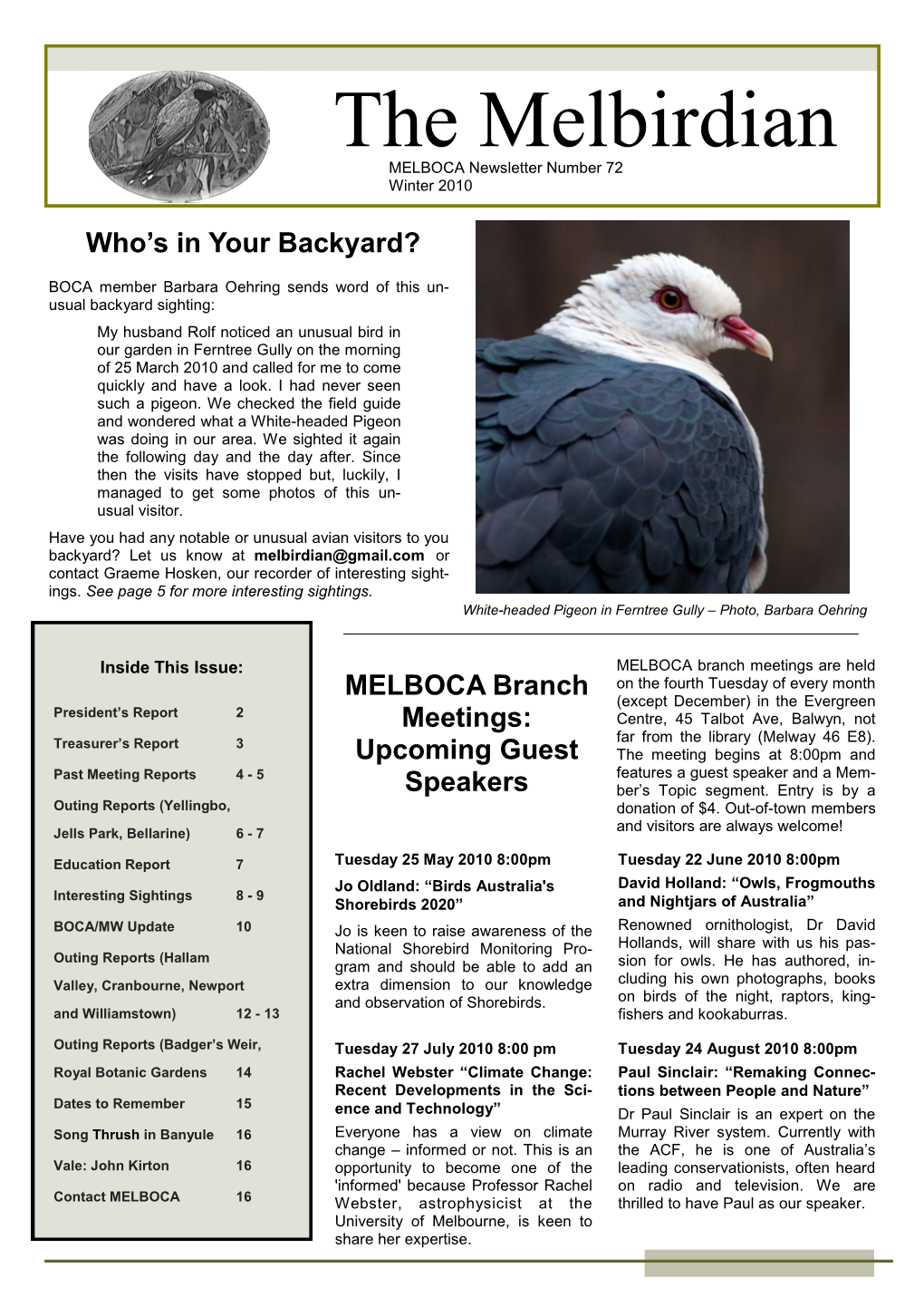The Melbirdian MELBOCA Newsletter Number 72 Winter 2010