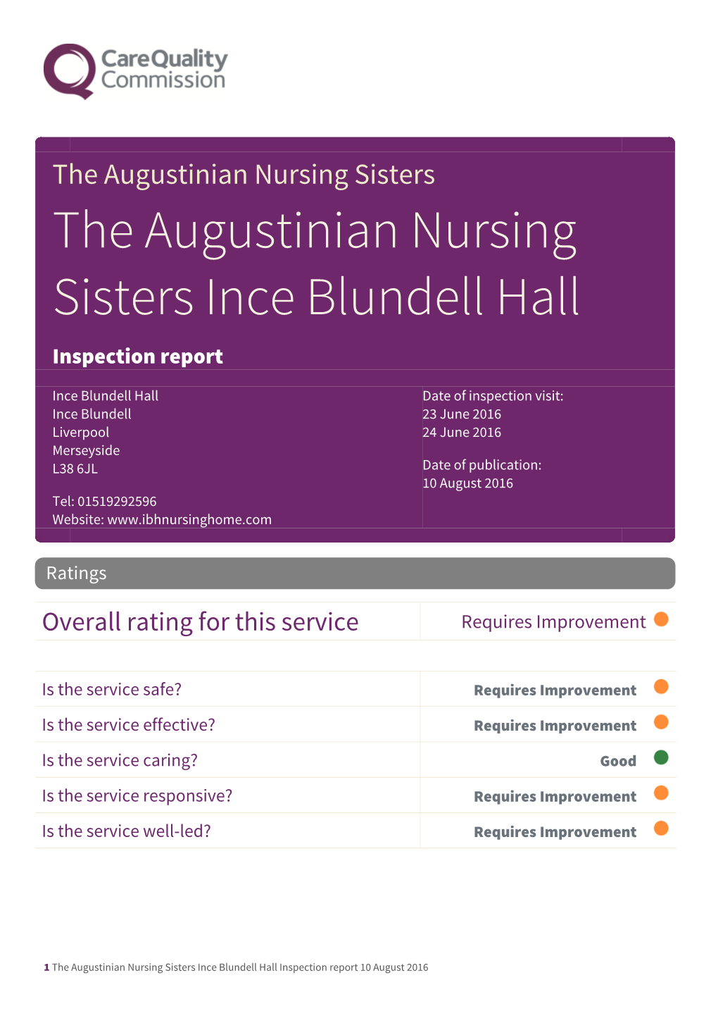 The Augustinian Nursing Sisters Ince Blundell Hall Inspection Report