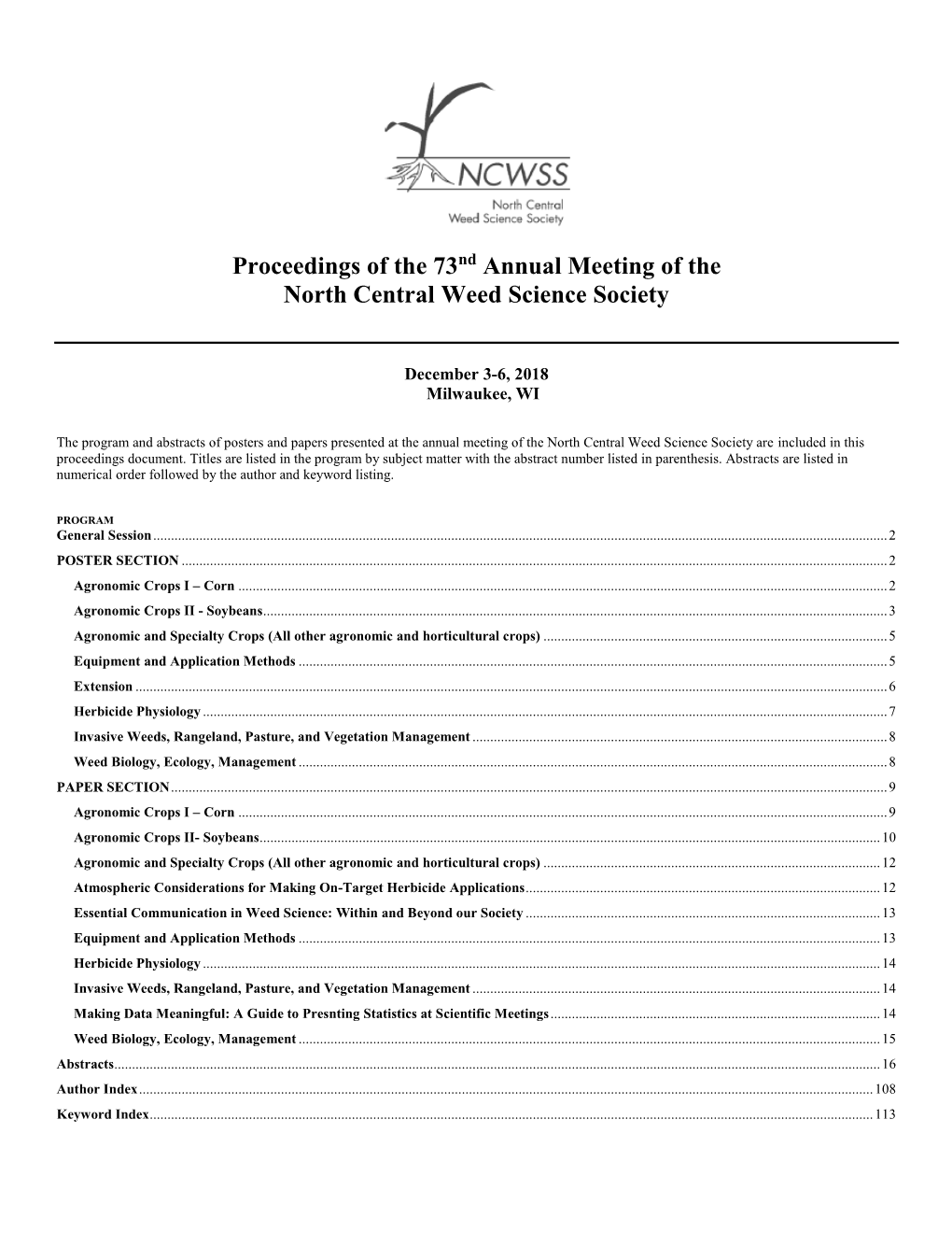 Proceedings of the 73Nd Annual Meeting of the North Central Weed Science Society