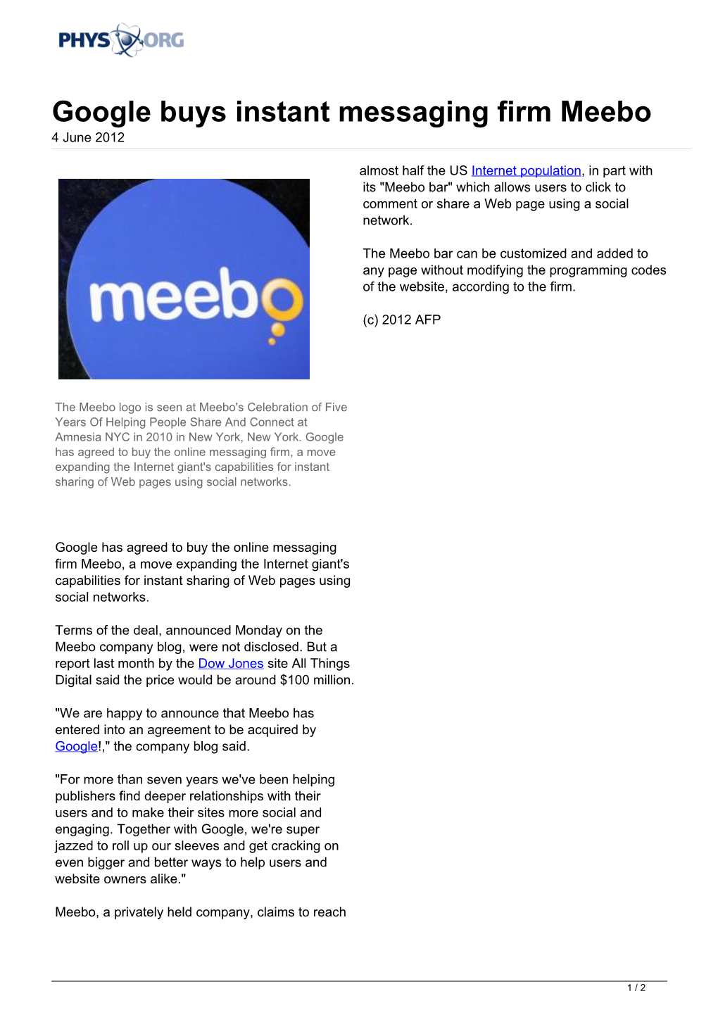 Google Buys Instant Messaging Firm Meebo 4 June 2012