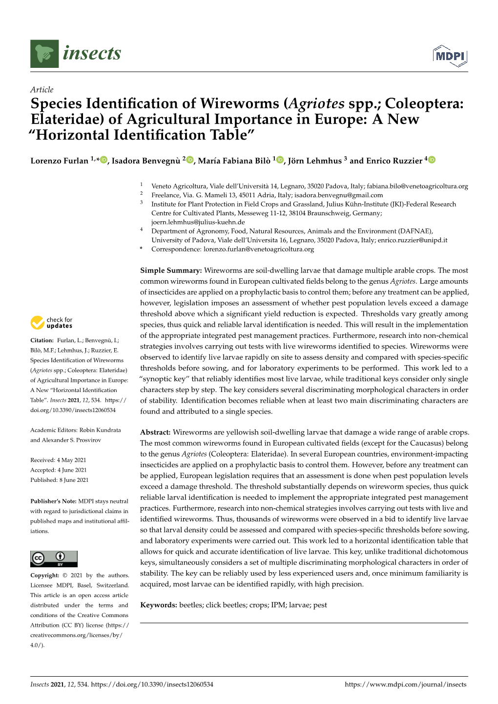 Agriotes Spp.; Coleoptera: Elateridae) of Agricultural Importance in Europe: a New “Horizontal Identiﬁcation Table”