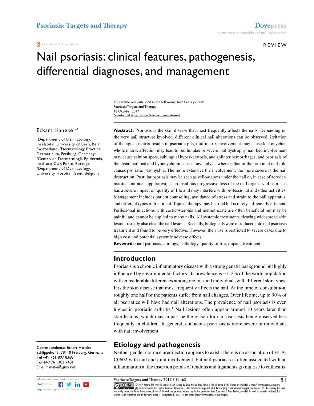 Nail Psoriasis: Clinical Features, Pathogenesis, Differential Diagnoses, and Management
