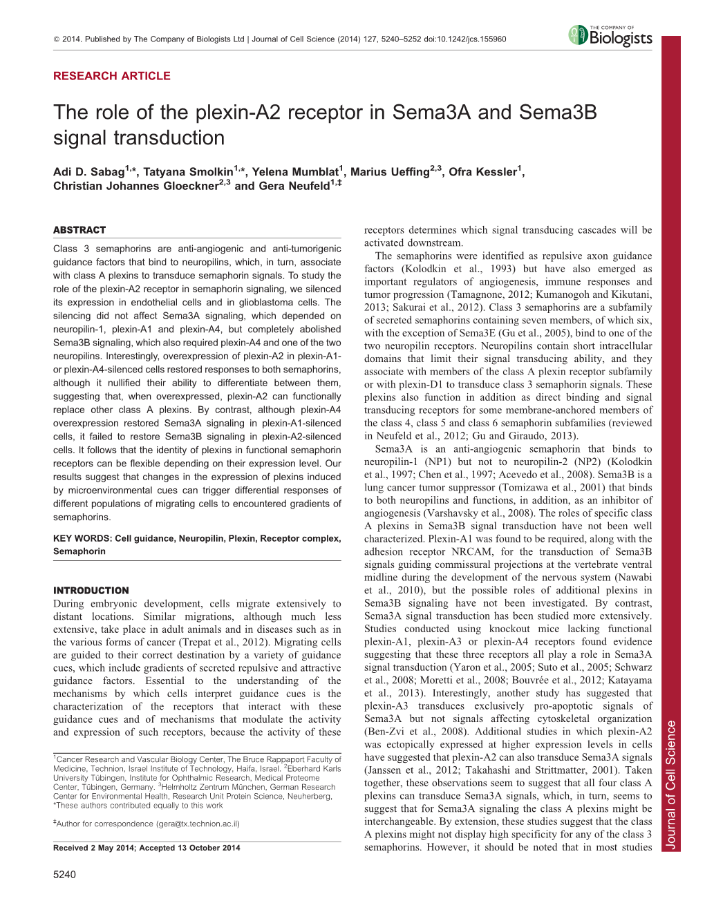 The Role of the Plexin-A2 Receptor in Sema3a and Sema3b Signal