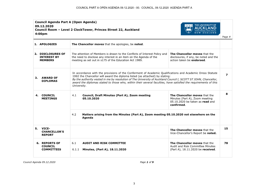 (Open Agenda) 09.12.2020 Council Room – Level 2 Clocktower, Princes Street 22, Auckland 4:00Pm Page