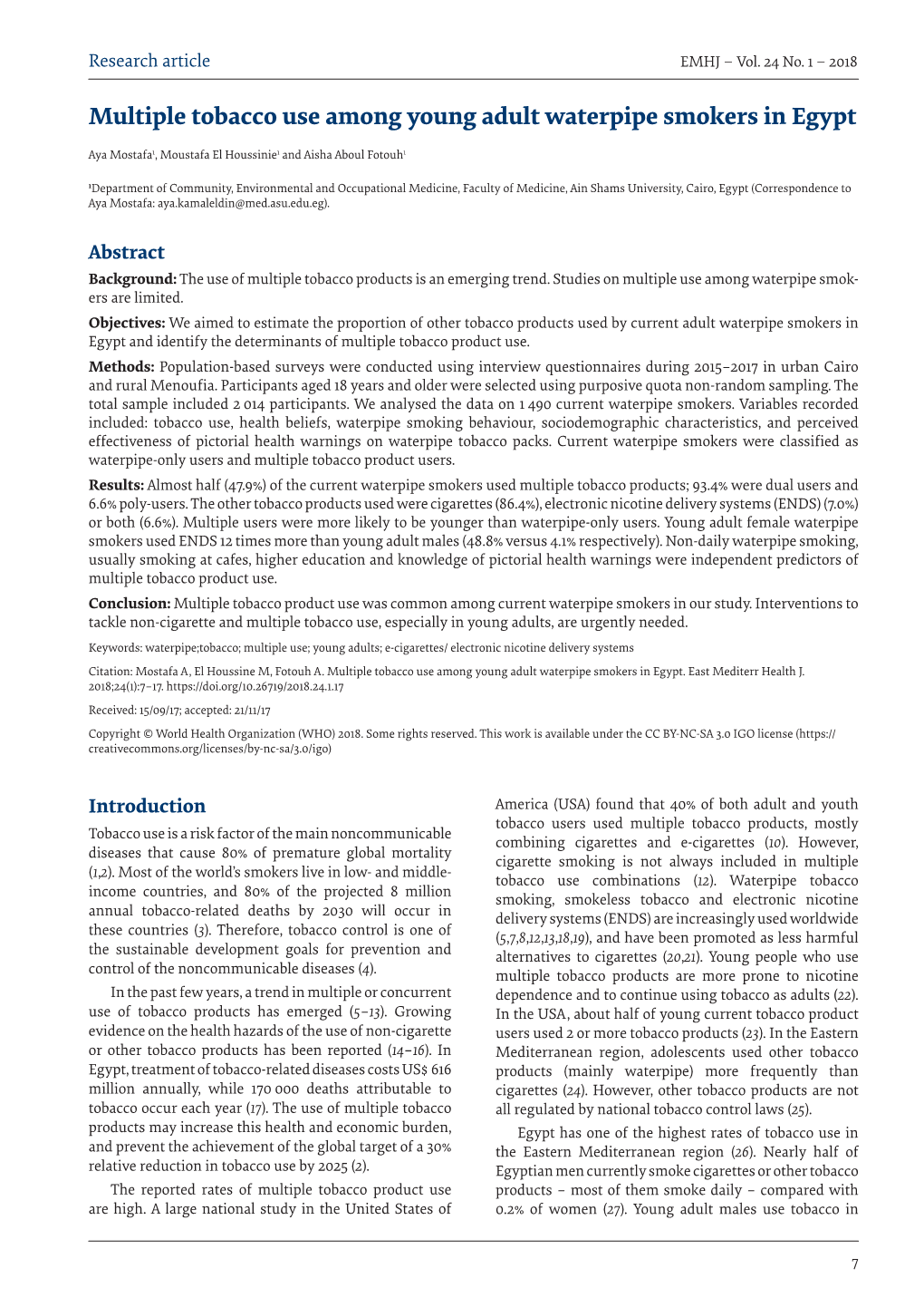 Multiple Tobacco Use Among Young Adult Waterpipe Smokers in Egypt