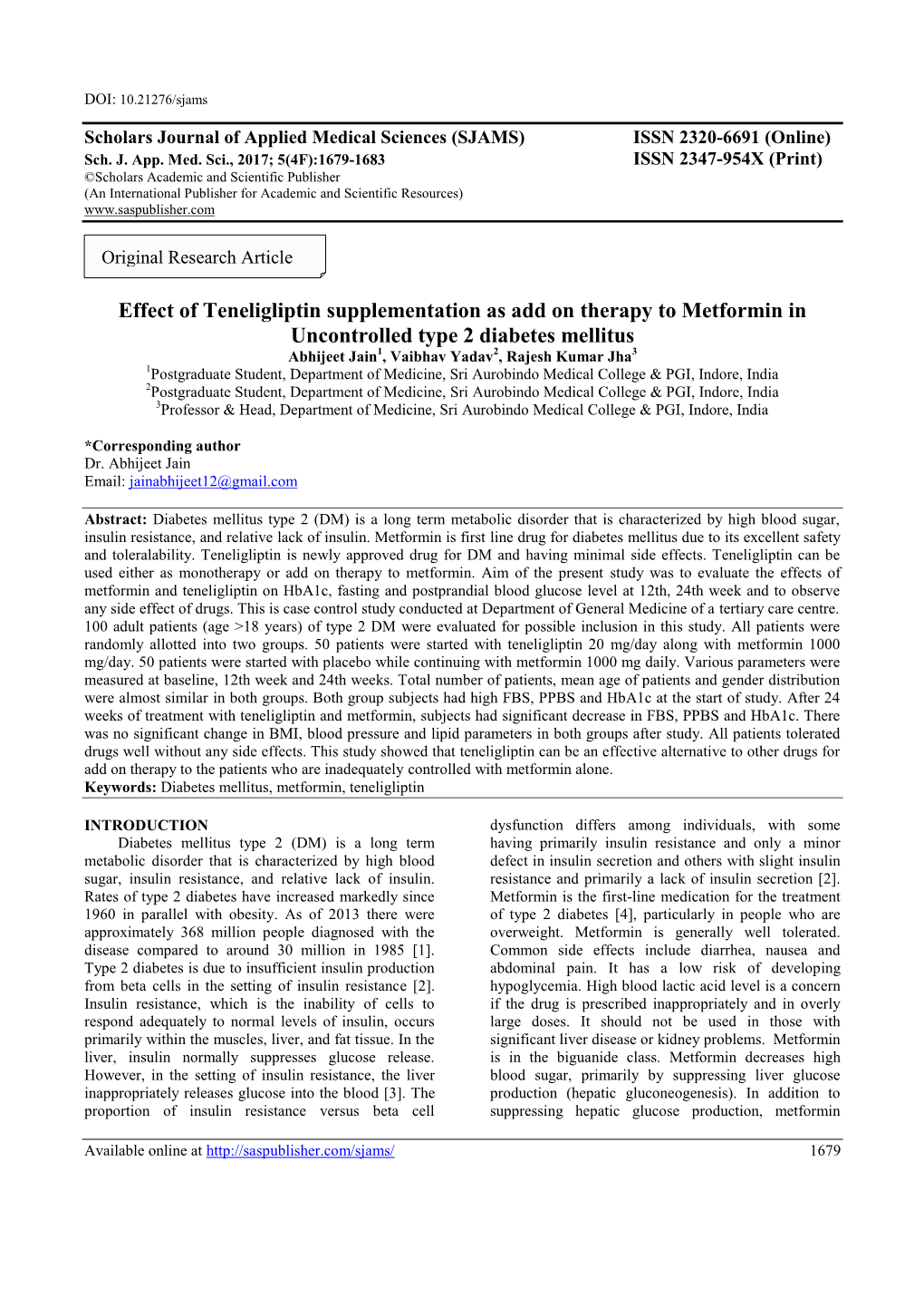 Effect of Teneligliptin Supplementation As Add on Therapy to Metformin In