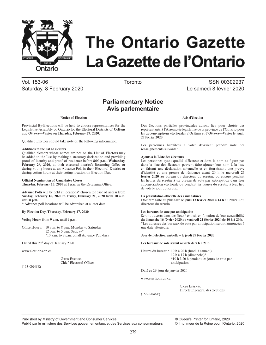 Ontario Gazette Volume 153 Issue 06, La Gazette De L'ontario Volume 153