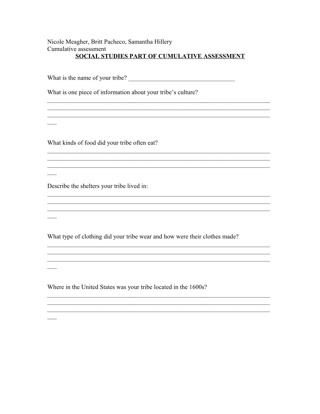 Social Studies Part of Cumulative Assessment