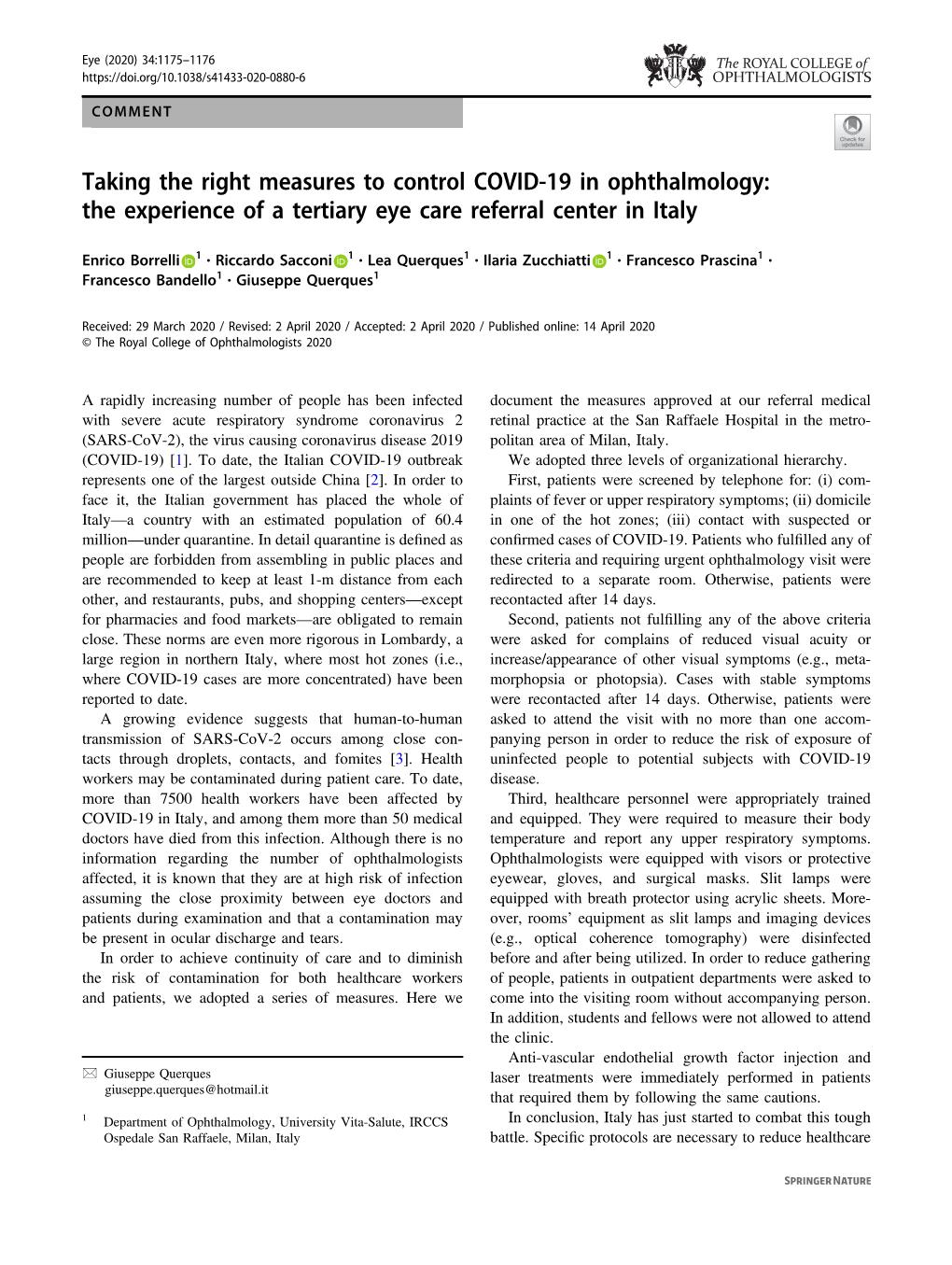 Taking the Right Measures to Control COVID-19 in Ophthalmology: the Experience of a Tertiary Eye Care Referral Center in Italy