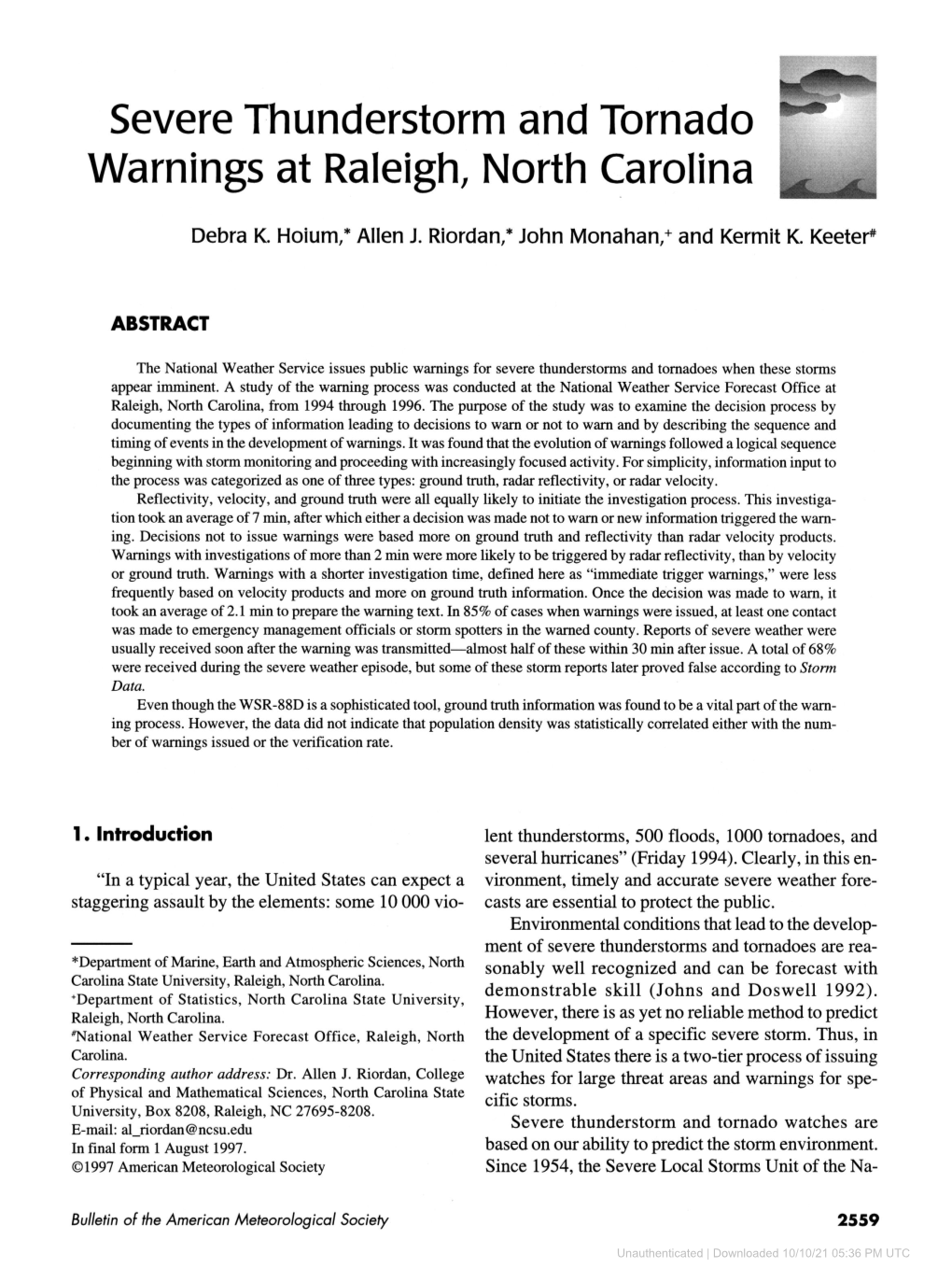 Severe Thunderstorm and Tornado Warnings at Raleigh, North Carolina