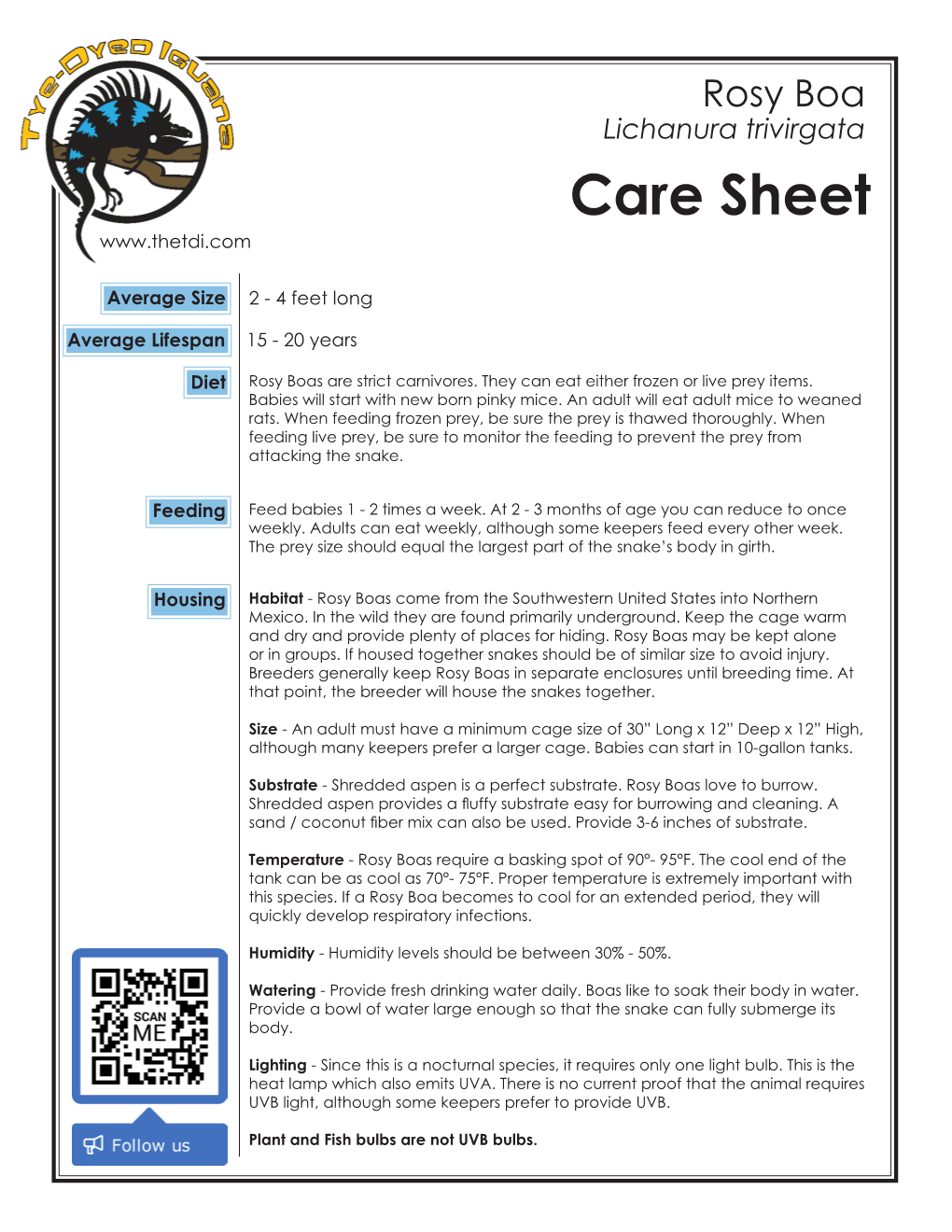 Rosy Boa Lichanura Trivirgata Care Sheet