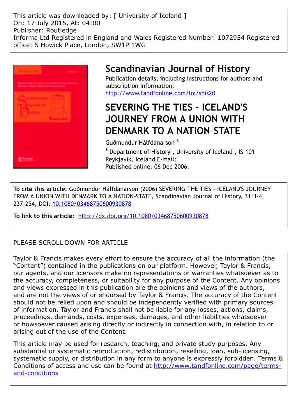 Scandinavian Journal of History SEVERING the TIES – ICELAND's