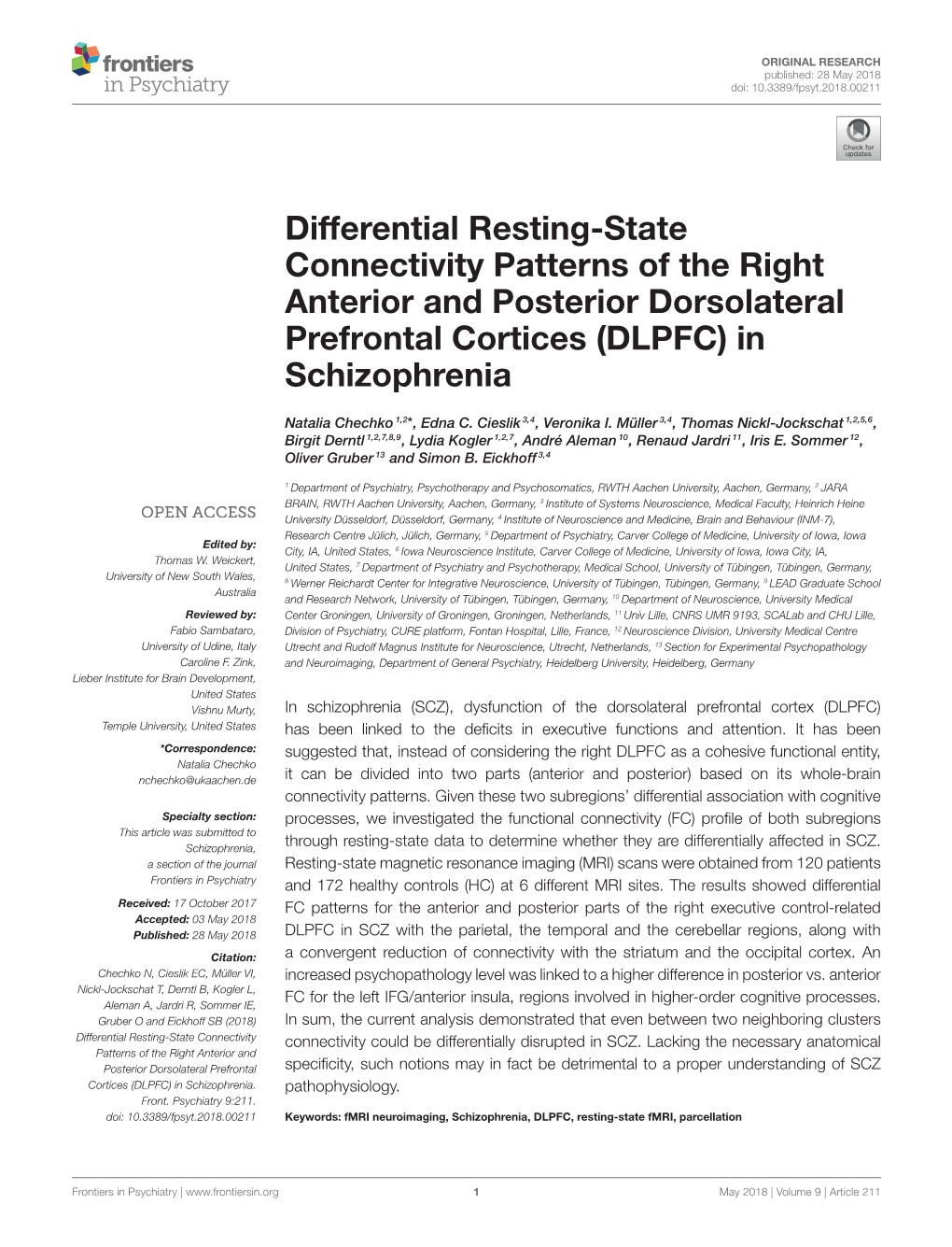Differential Resting-State Connectivity Patterns of the Right Anterior and Posterior Dorsolateral Prefrontal Cortices (DLPFC) in Schizophrenia