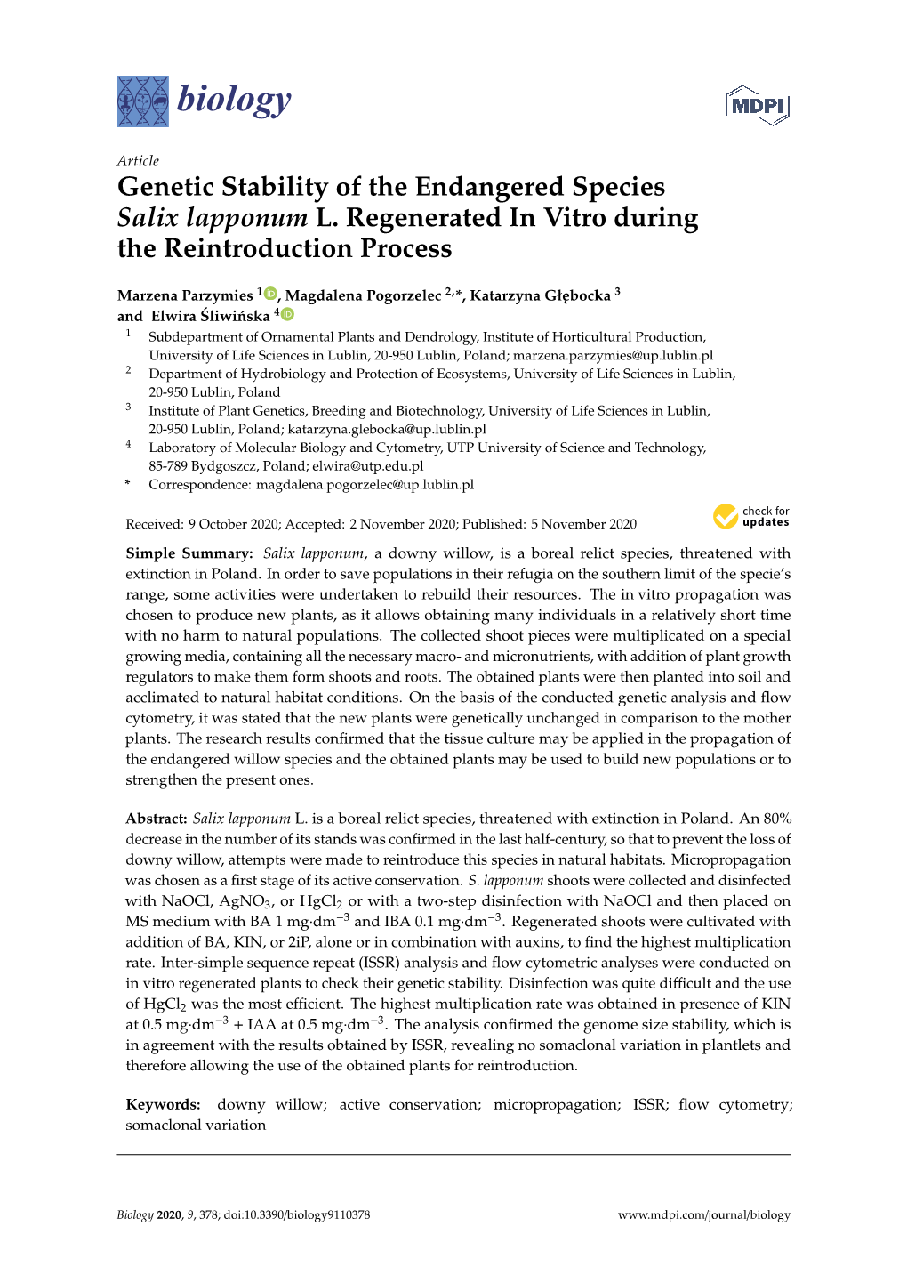 Genetic Stability of the Endangered Species Salix Lapponum L