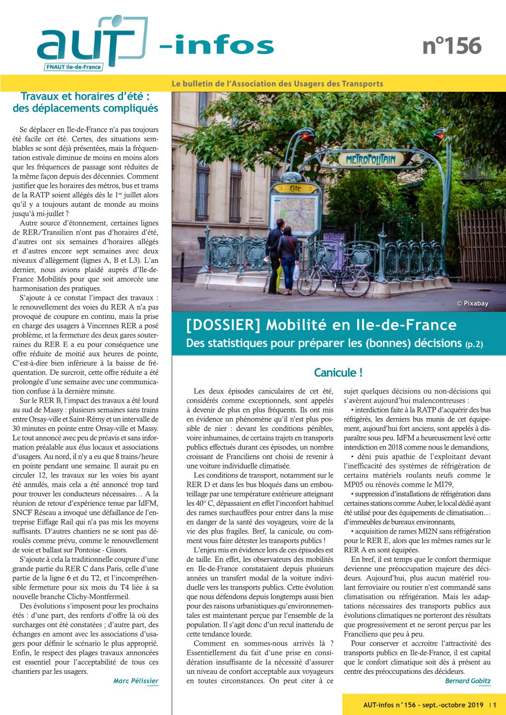 AUT-Infos N°156 - Sept.-Octobre 2019 X 1 Mobilité En Ile-De-France [DOSSIER] Des Statistiques Pour Préparer Les (Bonnes) Décisions