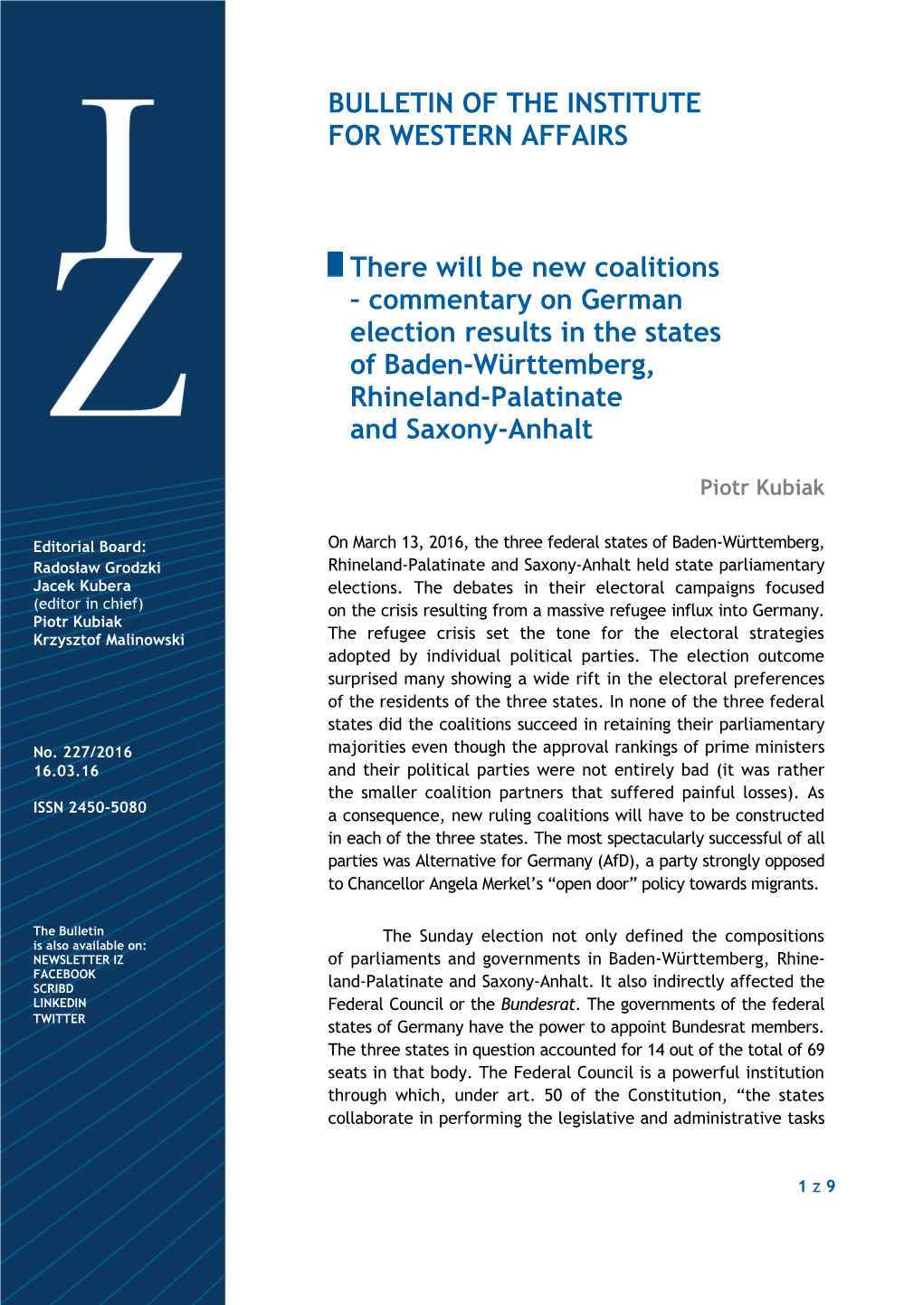 Commentary on German Election Results in the States of Baden-Württemberg, Rhineland-Palatinate and Saxony-Anhalt