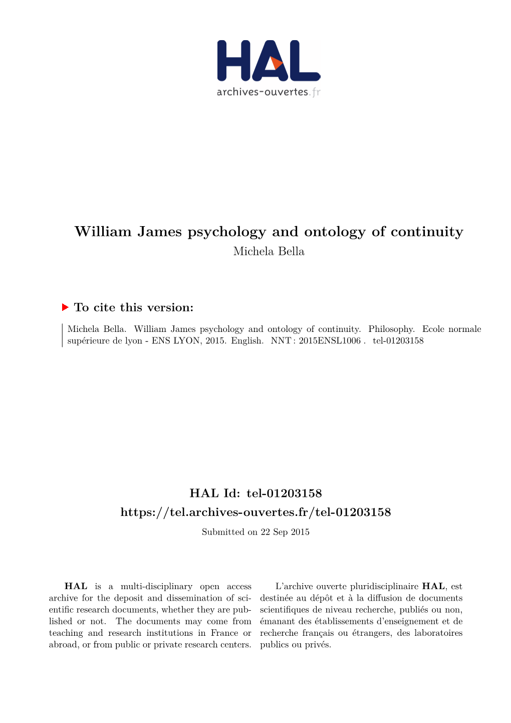 William James Psychology and Ontology of Continuity Michela Bella