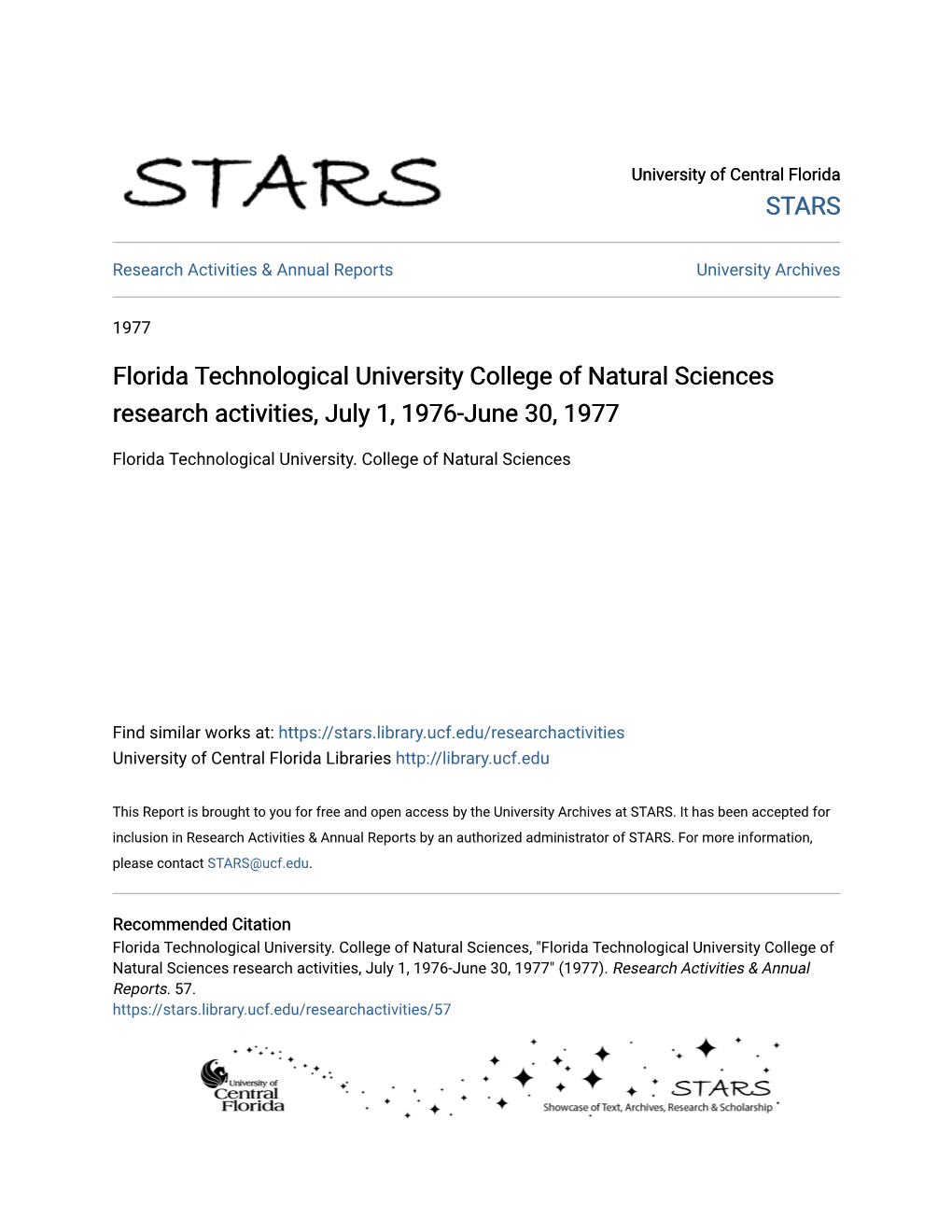 Florida Technological University College of Natural Sciences Research Activities, July 1, 1976-June 30, 1977