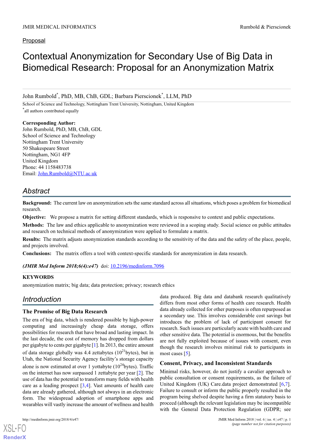 Contextual Anonymization for Secondary Use of Big Data in Biomedical Research: Proposal for an Anonymization Matrix