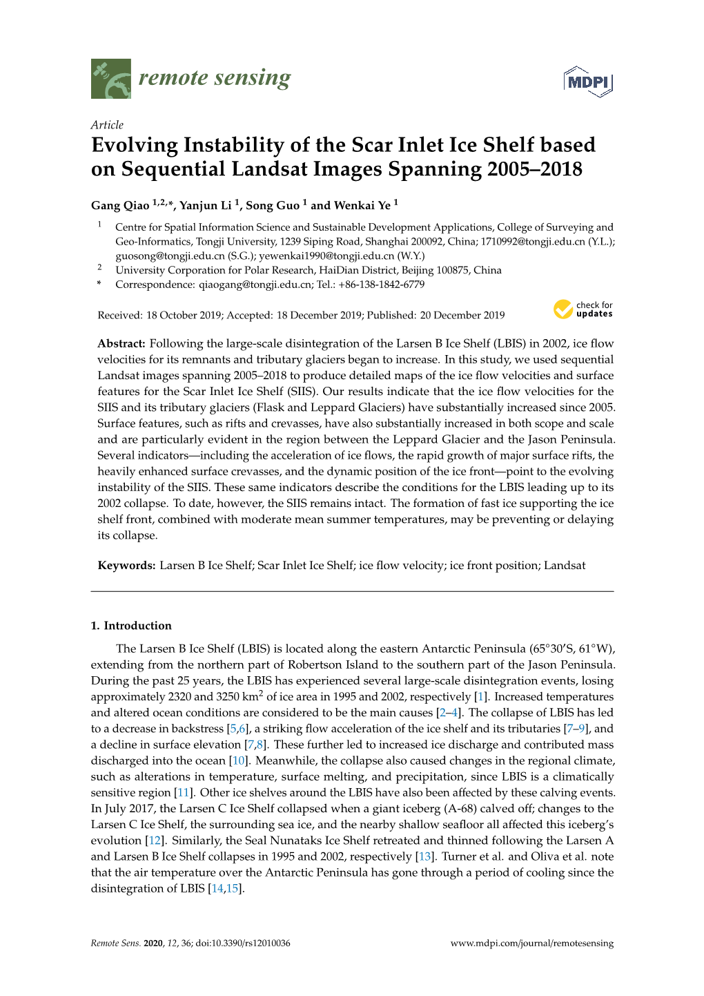 Evolving Instability of the Scar Inlet Ice Shelf Based on Sequential Landsat Images Spanning 2005–2018