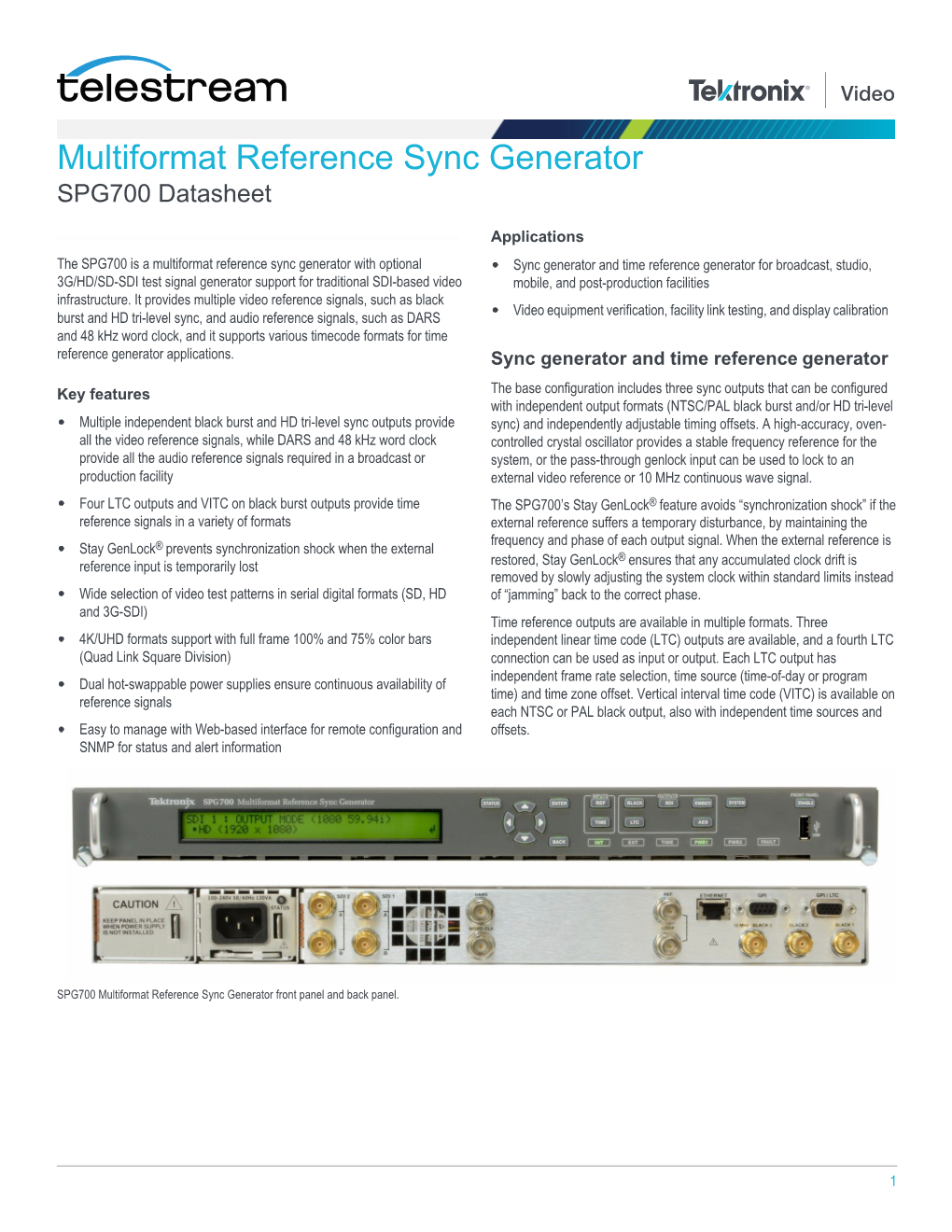 Multiformat Reference Sync Generator SPG700 Datasheet