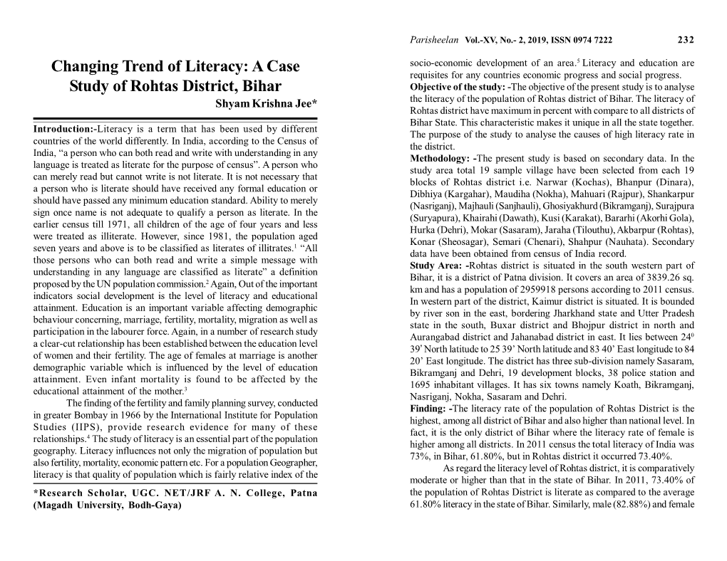 Changing Trend of Literacy: a Case Study of Rohtas District, Bihar