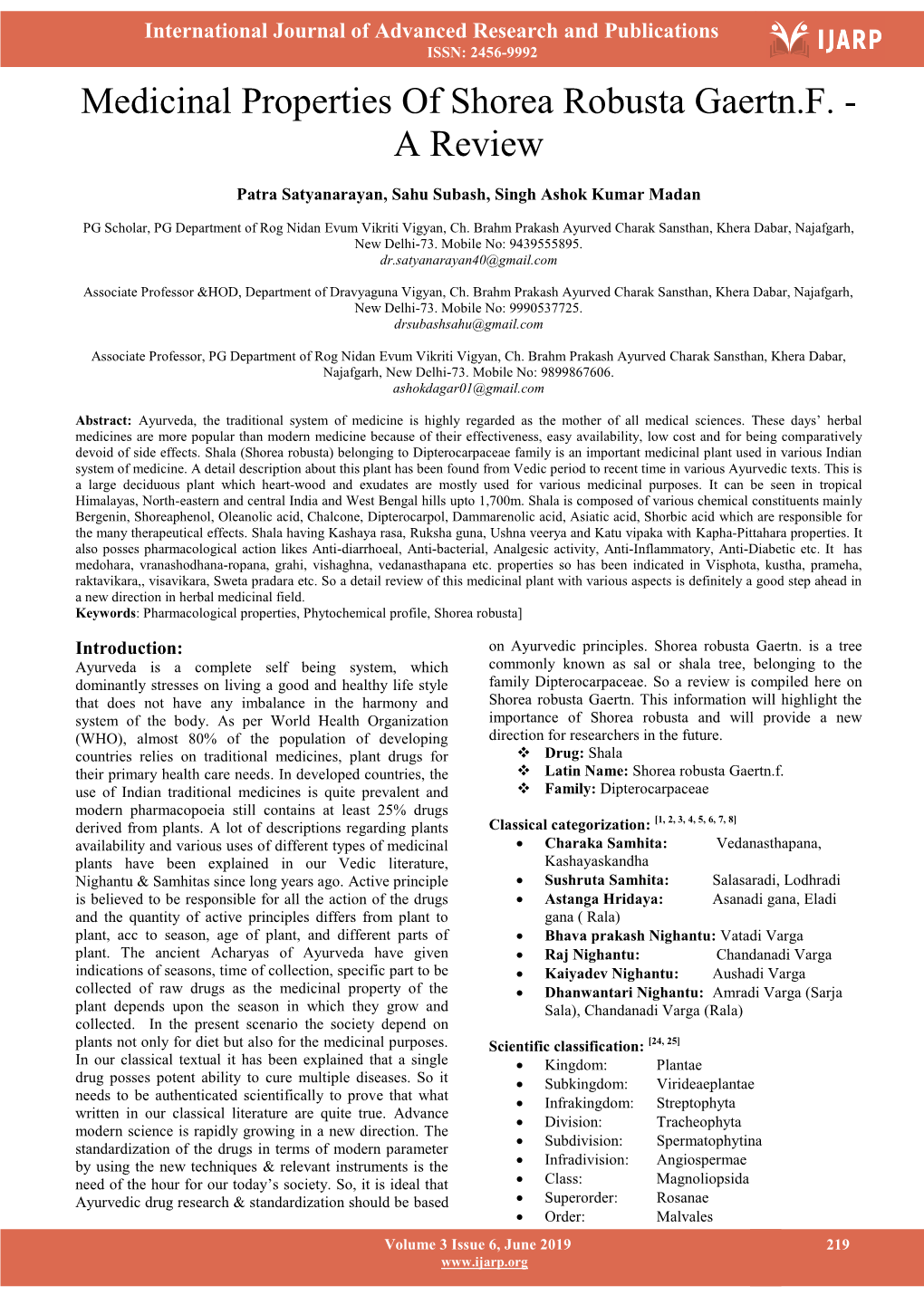 Medicinal Properties of Shorea Robusta Gaertn.F. - a Review