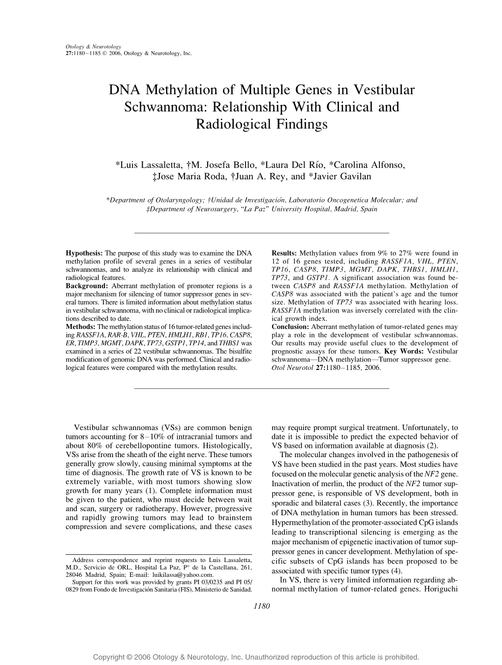 DNA Methylation of Multiple Genes in Vestibular Schwannoma: Relationship with Clinical and Radiological Findings