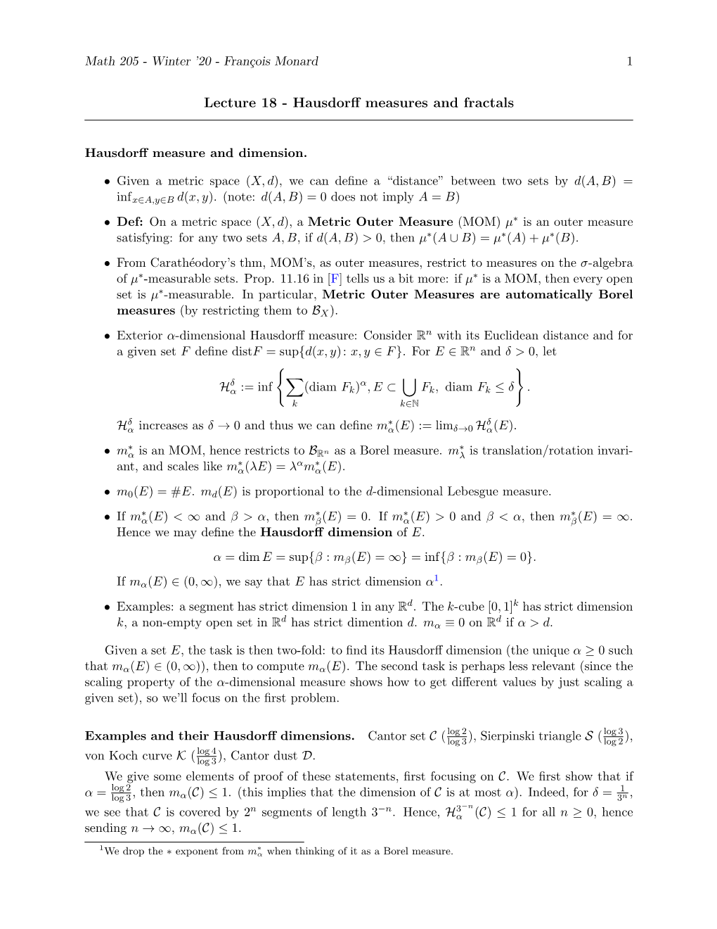 Lecture 18 - Hausdorﬀ Measures and Fractals