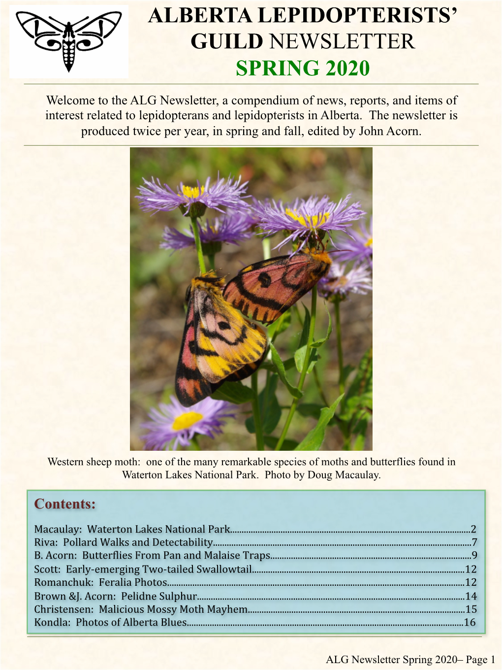 Alberta Lepidopterists' Guild Newsletter Spring 2020