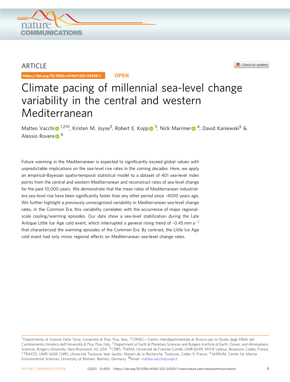 Climate Pacing of Millennial Sea-Level Change Variability in the Central and Western Mediterranean ✉ Matteo Vacchi 1,2 , Kristen M