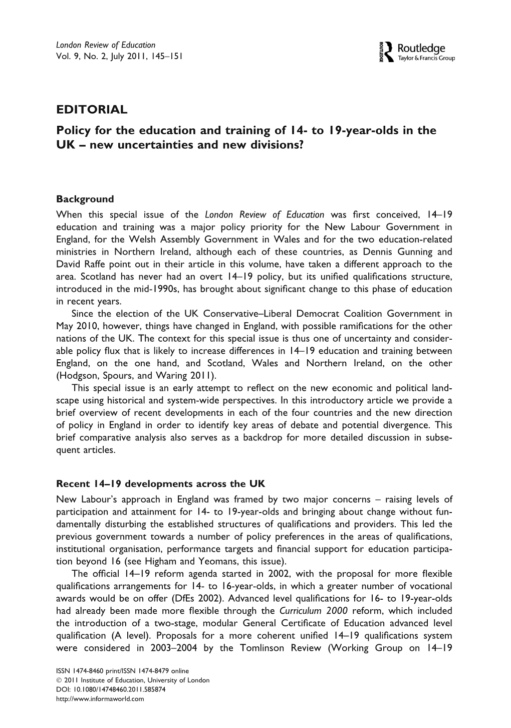 Policy for the Education and Training of 14- to 19-Year-Olds in the UK – New Uncertainties and New Divisions?